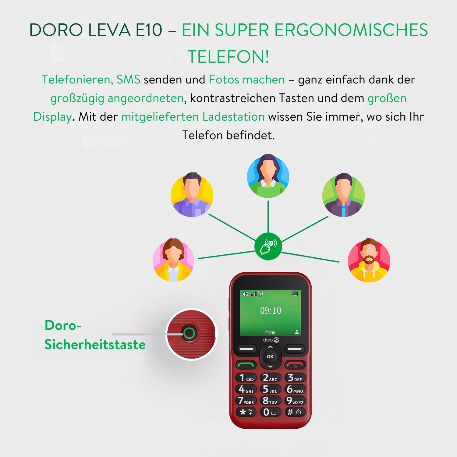 Doro - Hebel-Telefon E10 - Handy für Senioren - Horizontales Display, kontrastreiche Tasten, lauter und klarer Audio, HD Voice, Kamera, Secure Button - Ladestation - Rot