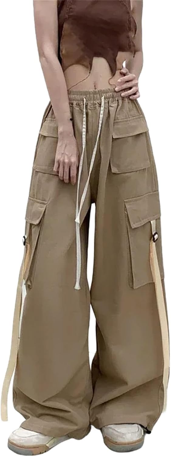 Women Cargo Pants High Waist Wide Leg with Ribbons Cotton Hip Hop Cool Dance Trousers Khaki
