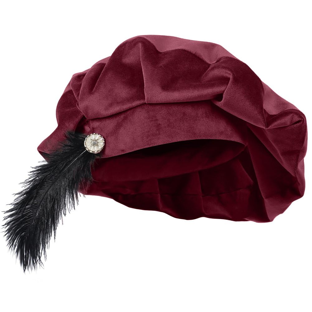 Stakee Medieval Unisex Beret Hat with Feather, Suede Hat Minstrel Muffin Elizabethan Renaissance Cap for Women