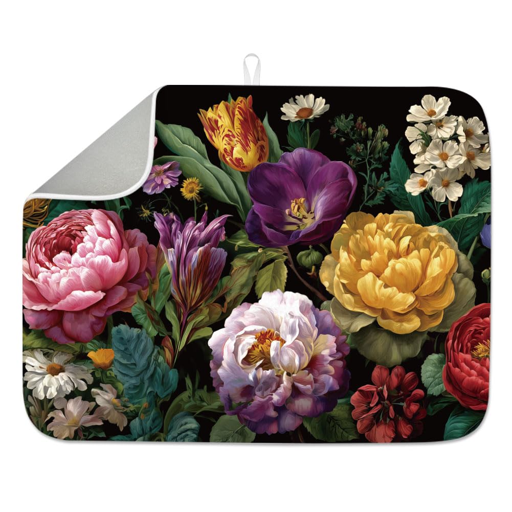 INFUNLY Peony Flower Dish Drying Mat for Kitchen Counter Vintage Floral Dish Drainer Mats Absorbent Microfiber Anti-Slip Plant Dishes Drying Pad 18x24Inch Washable for Table Countertop Sink Coffee Bar