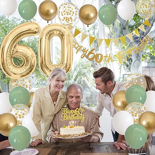 Image of 60th Birthday Decorations for Men Women, Sage Green White Gold Balloons With Happy 60th Banner, Cake Topper, Number 60 Foil Balloon for 60 Year Old Party Decoration