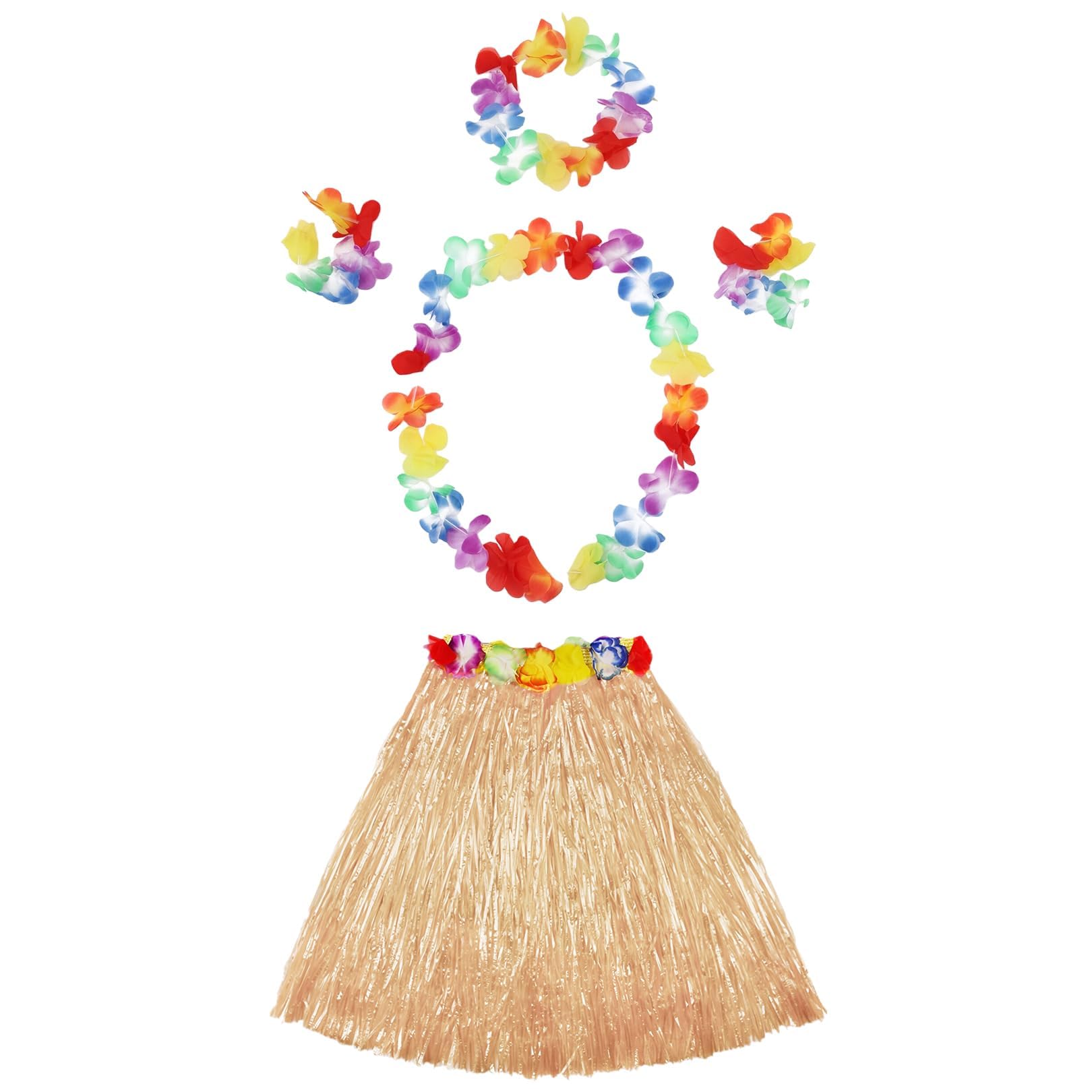 5 Pcs Hawaiian Hula Skirt Costume Set,40cm Hawaiian Grass Skirt,Flower Leis Necklace Headband Bracelets Luau Skirts,Fancy-dress Partys,Summer Beach Tropical Party Decorations for Kids Adults (Colour)