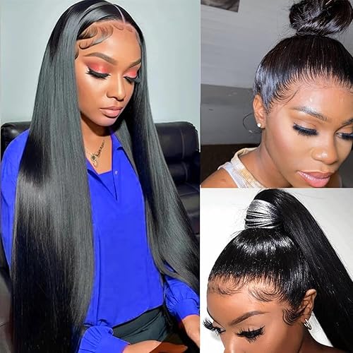 360 Lace Front Wigs Human Hair Pre Plucked Straight hd Lace Front Wigs Human Hair Wigs for Black Women 360 Full Lace Human Hair Wig with Baby Hair can make Bun and High Ponytail 24 Inch