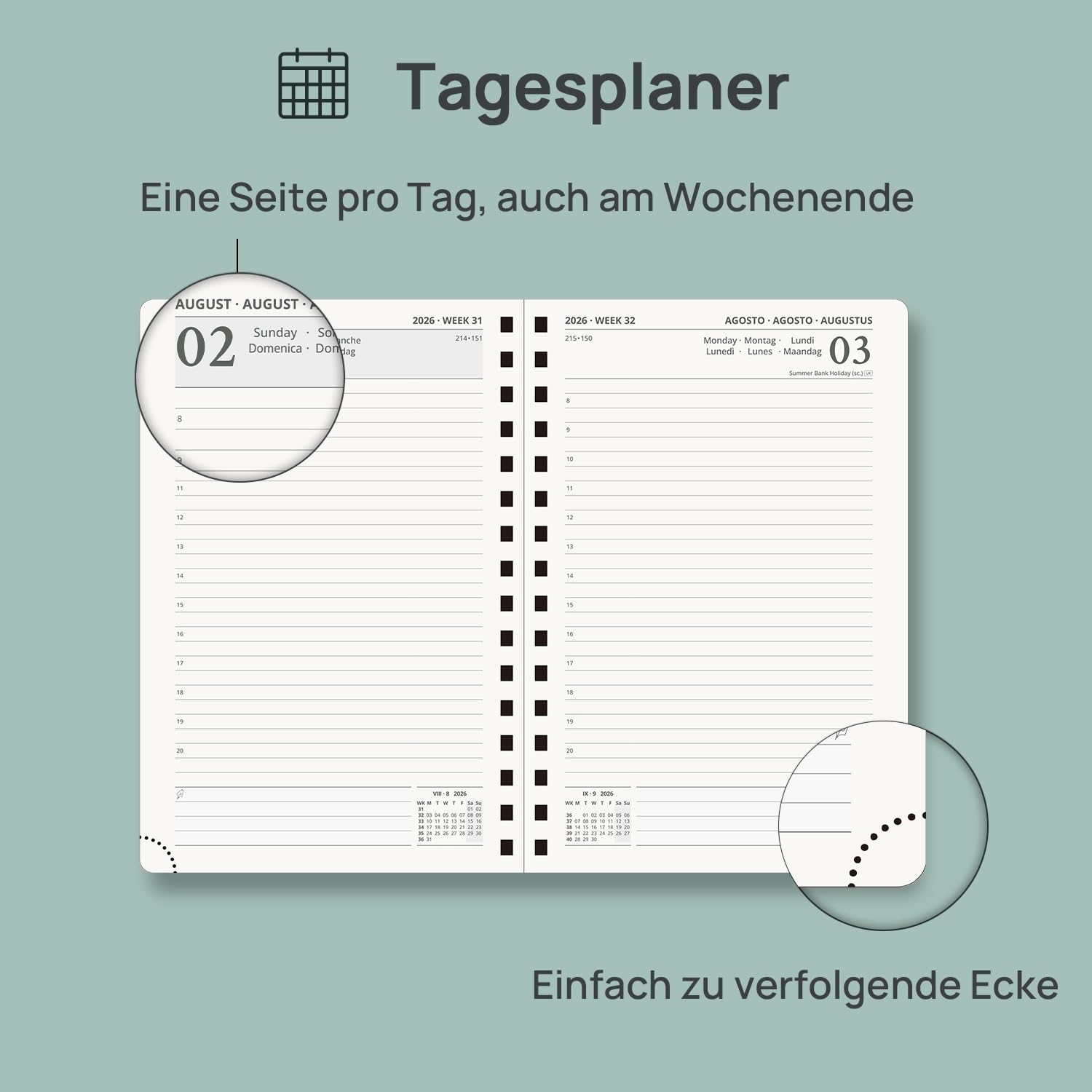 POPRUN Tagesplaner 2026 2027 Ringbuch mit Hardcover 21,5 x 14,5 cm, Tageskalender A5 1 Tag 1 Seite (Montag - Sonntag), Terminplaner (Aug.2026-Jul.2027) mit Plastiklineal (Pazifikgrün)
