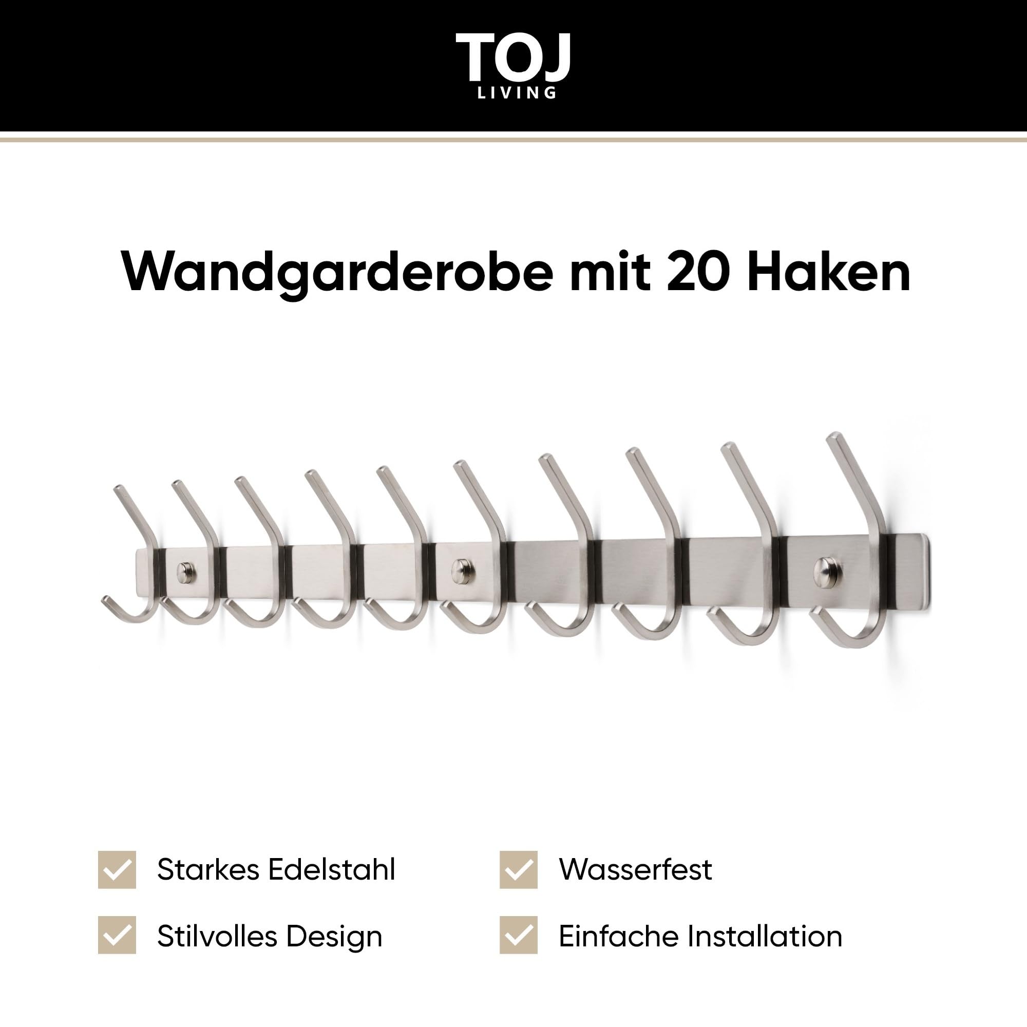 TOJ Wandgarderobe - 78CM - 20 Haken - Kleiderstange wandmontage - Kleiderhaken wand - Garderobenstange wandmontage- Kleiderstange - Jackenhalter - Garderobe paneel - Edelstahl - Silber