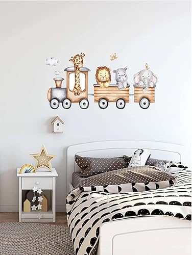 Calcomanías de pared de tren de acuarela de animales, león, hipopótamo, elefante, jirafa, calcomanías de pared removibles para habitación de niños,