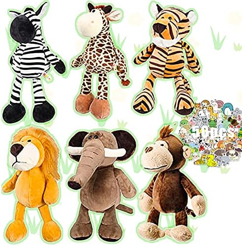 6 Pieces Plushies 11.8 inch Safari Stuffed Animals Plush Toy Set Lion Tiger Elephant Zebra Giraffe Monkey Animal Themed Parties Wild Animals Soft Plush Toys for Boys, Girls, Adults