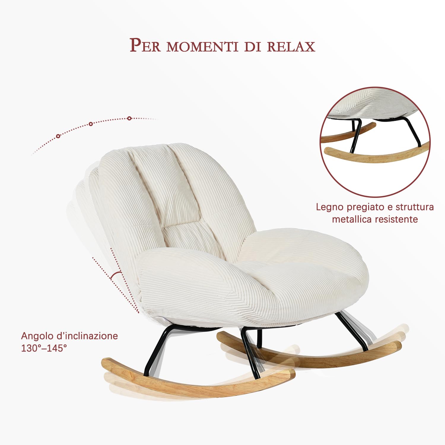 MEUBLE COSY Sedia a Dondolo Imbottita Poltrona Relax con Schienale Seduta Extra Larga in Velluto a Coste, Gambe in Legno, per Soggiorno Cameretta, Beige