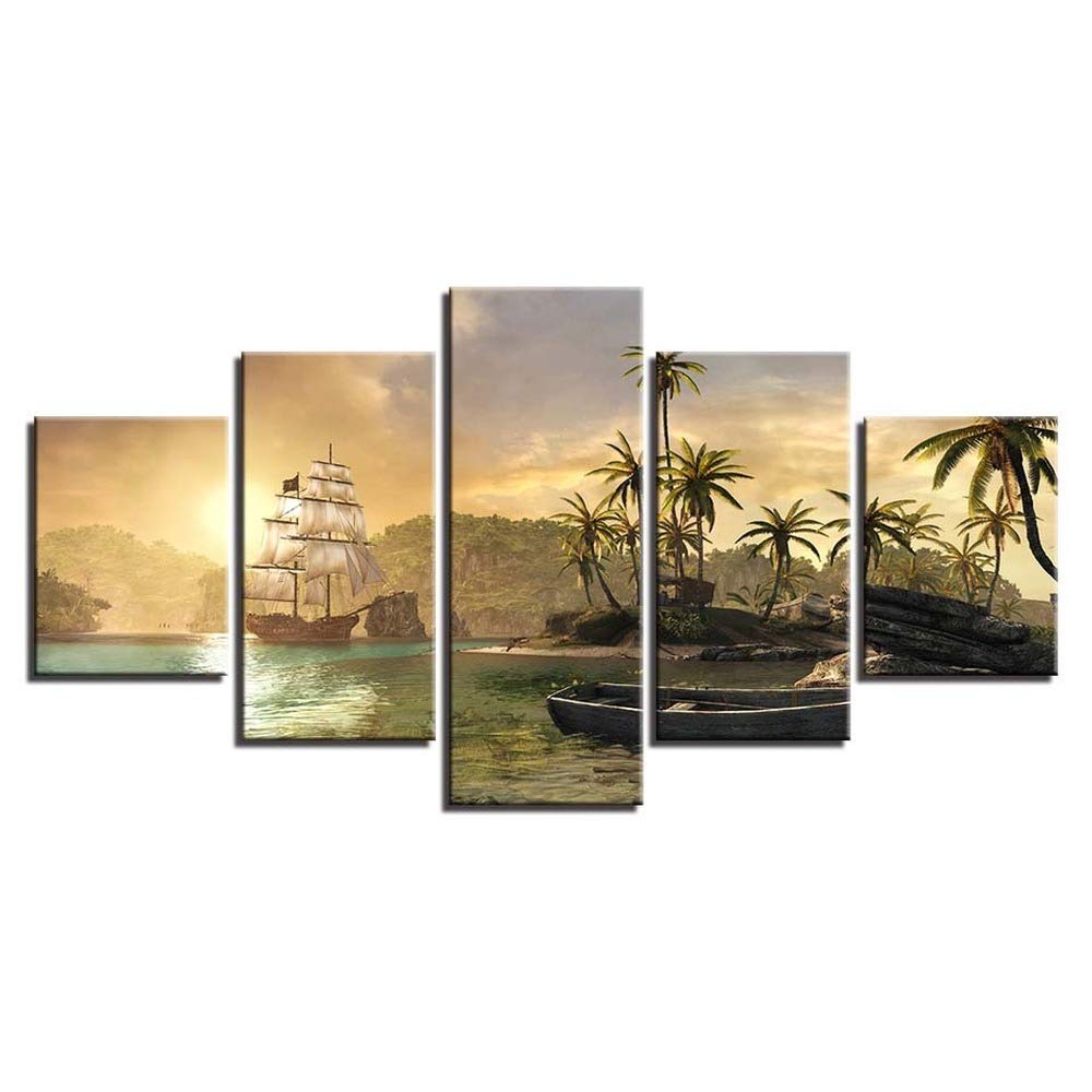 Toile 5 pièces d'arbre et bateau de voile | Évasion maritime apaisante pour salon