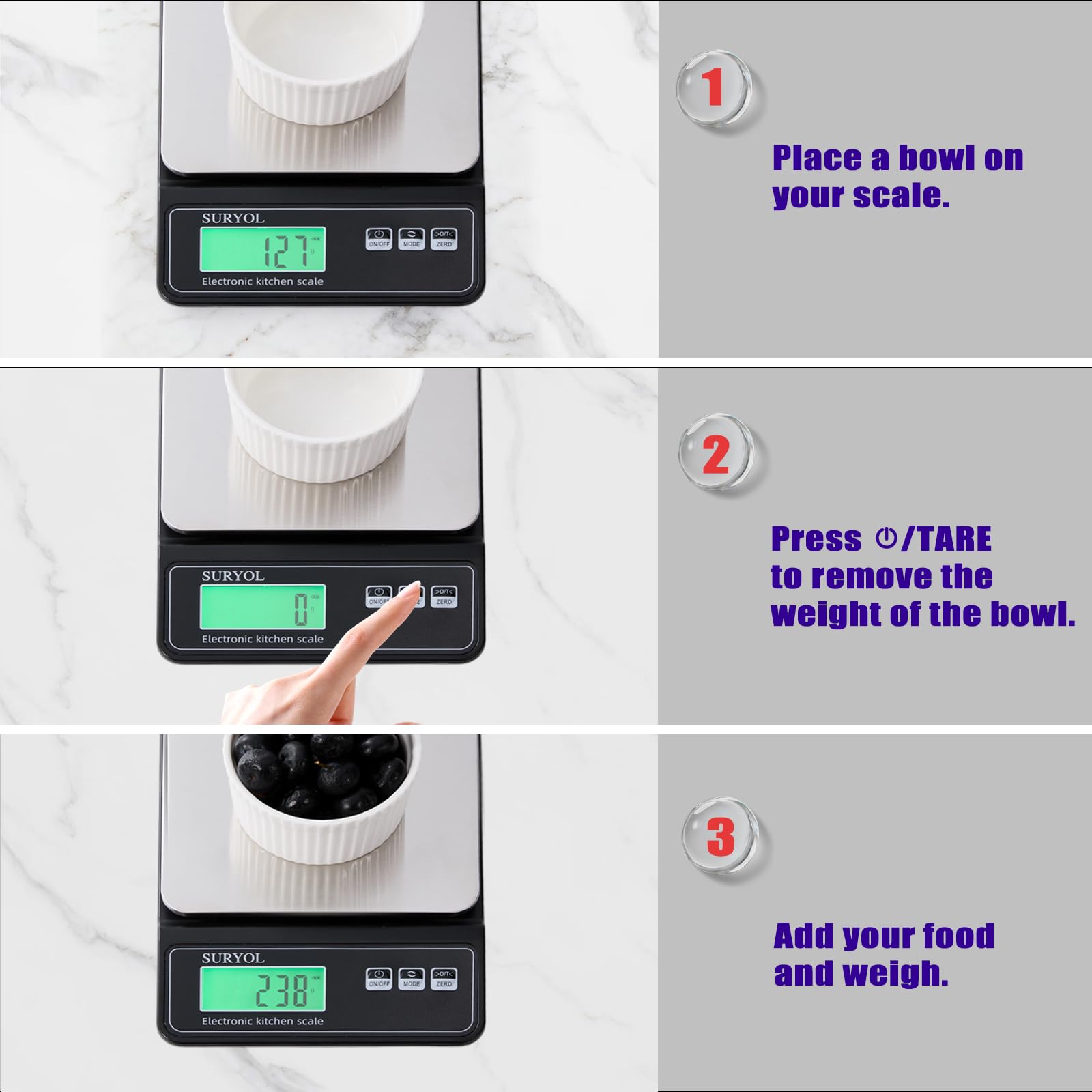 Báscula digital de alimentos de 0,5 g/0,1 oz – 11 libras, 5 unidades, vidrio templado y acero inoxidable, báscula de peso de alimentos en gramos y onzas para cocinar, hornear