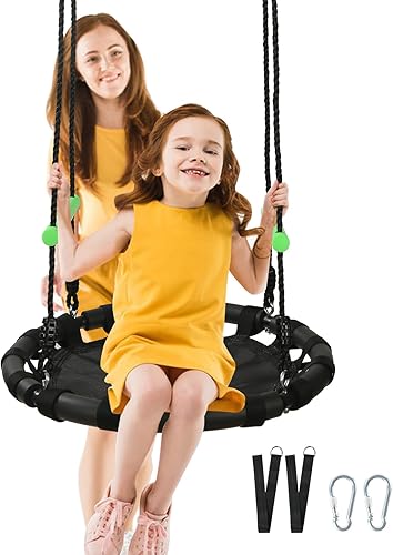 Columpio redondo negro con asas y correas adicionales de 5 pies, hecho de marco resistente, alfombrilla de polipropileno, cuerdas ajustables de