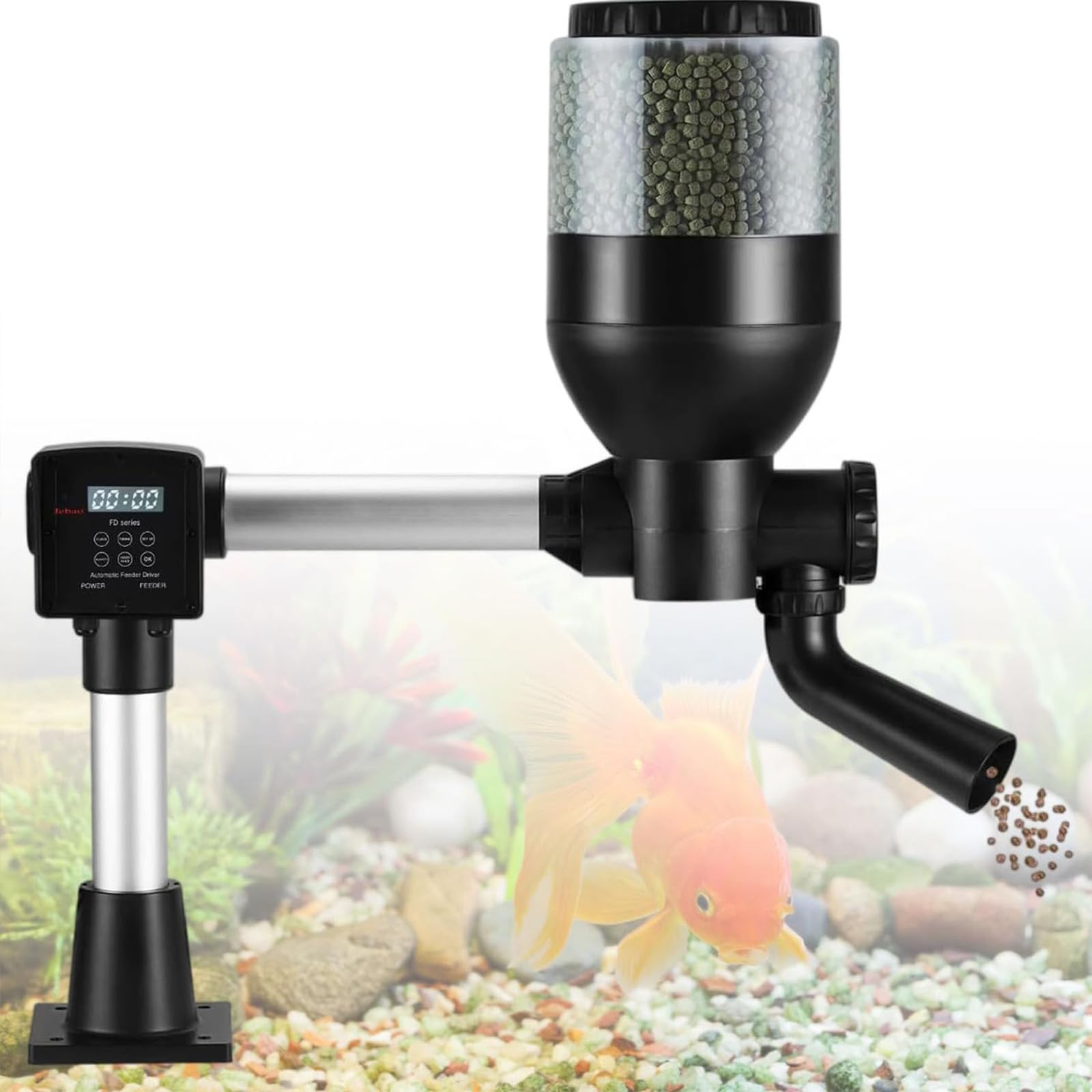 Distributore automatico di mangime per pesci da 4-8 litri con display LCD, alimentazione programmata, diametro del mangime da 2 a 8 mm, design resistente alla pioggia, ideale per weekend e vacanze.