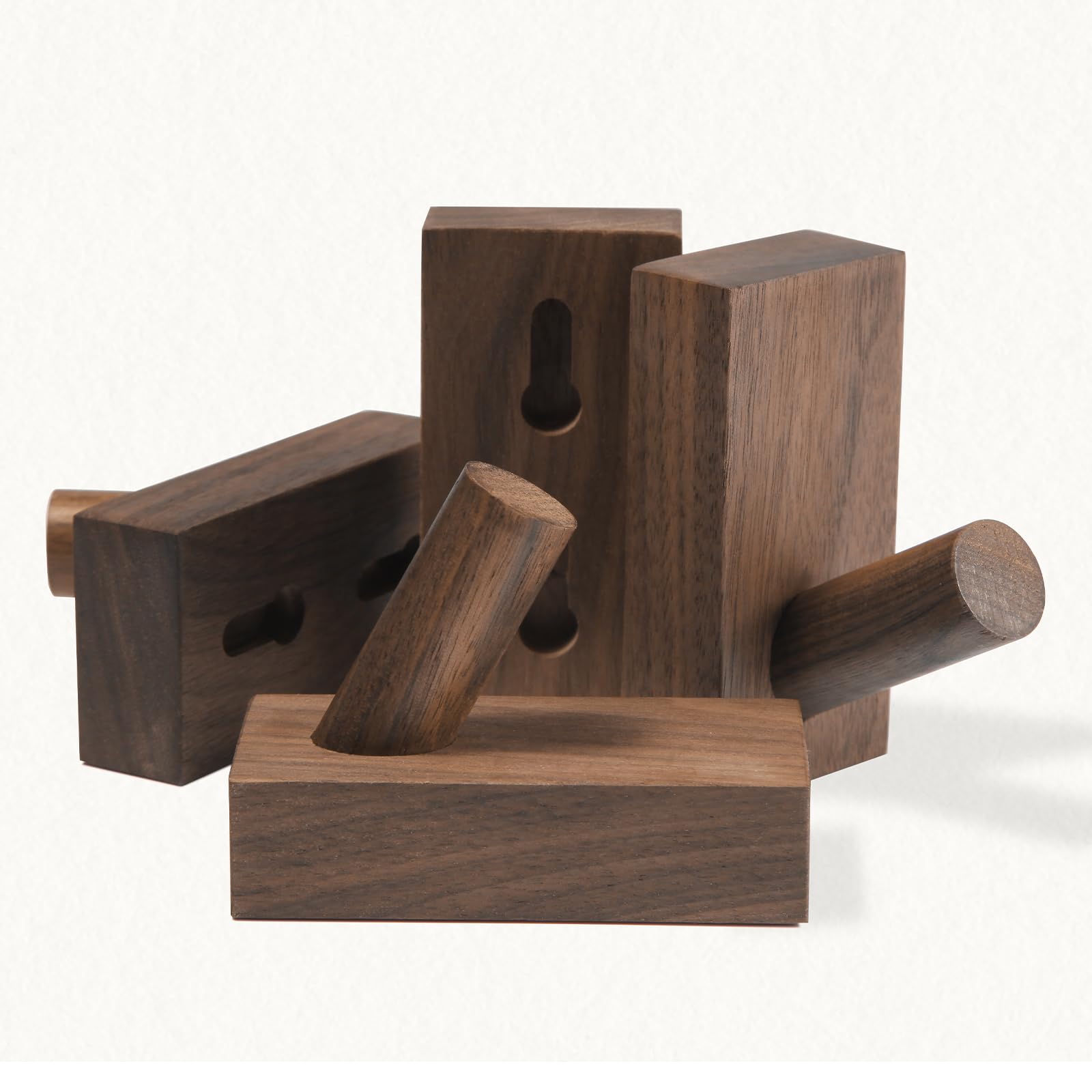 SIAMESE Ganchos de pared de madera, 4 ganchos de madera para colgar en la pared, para bata, toalla, sombrero, llaves, bolsa, ropa en la entrada, dormitorio o armario (madera de nogal)
