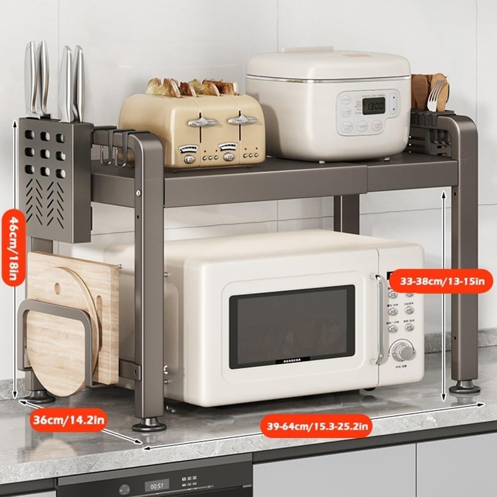Microwave oven rack 2-tier organizer with hooks Cutting board Shelf, extendable 39-64 cm/15.3-25.2 in