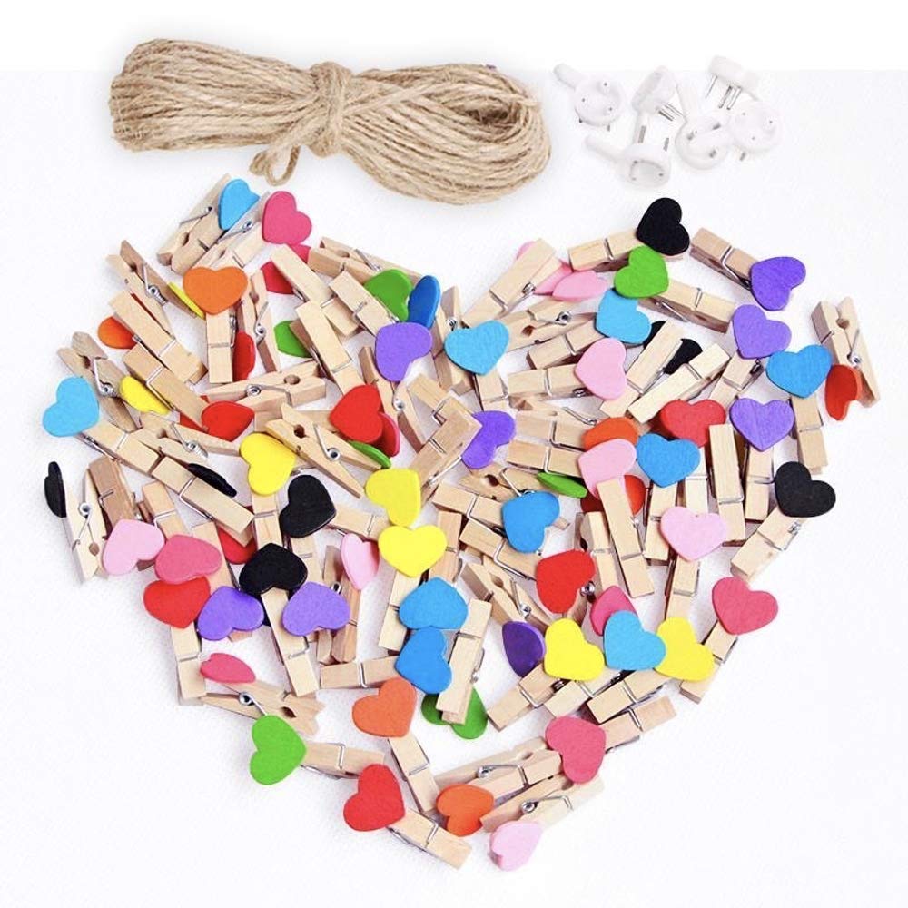 ivyacen DIY Wall Decoration 50 Pcs Colorful Wooden Photo Clips, Mini Photo Paper Crafts DIY Stakes with 10M Jute Twine and 8 Pcs Non-Trace Nails for Hanging Photos Postcard Artwork Memo Paper