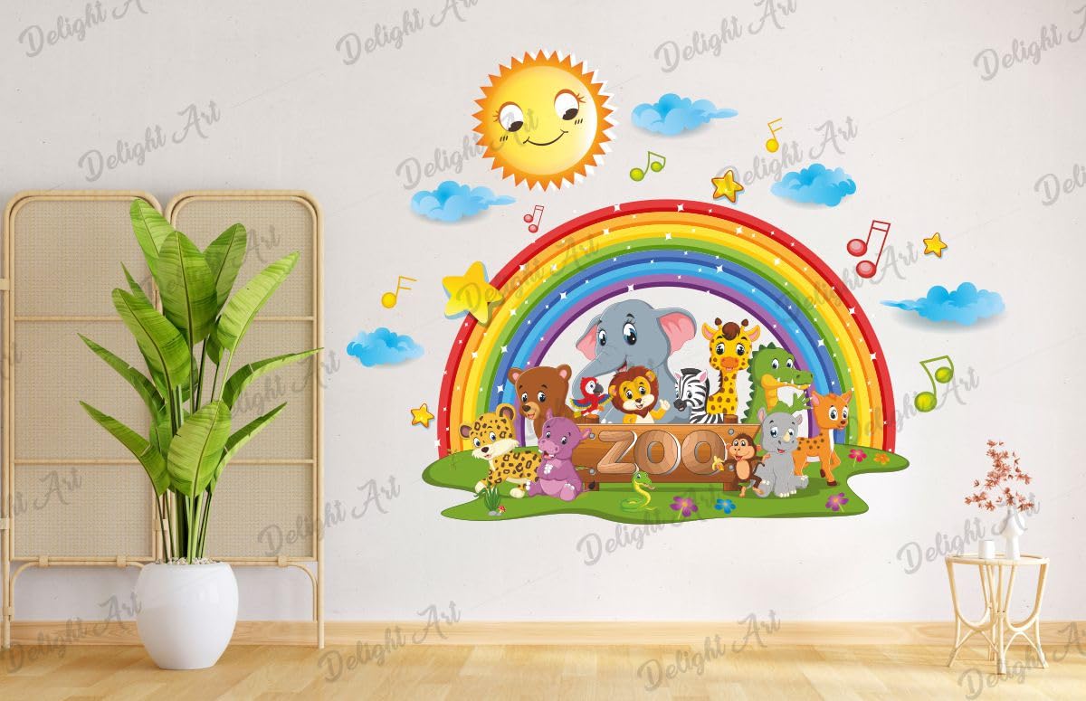 Vinyl Delight Art All Animals And Rainbow With Sun Design Wall Sticker Size - (80 * 57) Cm, Self-Adhesive, Wall, 0.5 Cms)