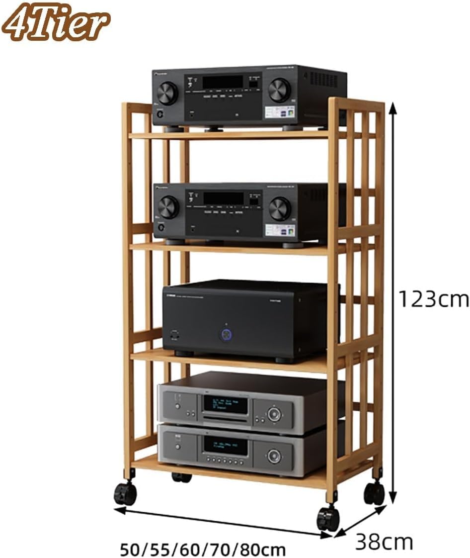 Szafka stereo AV Media Tower 4-poziomowy stojak audio z kółkami stojak kina domowego Wieża do przechowywania płyt CD do domowego stereo Rozmiar: 55 cm Kolor: Czarny