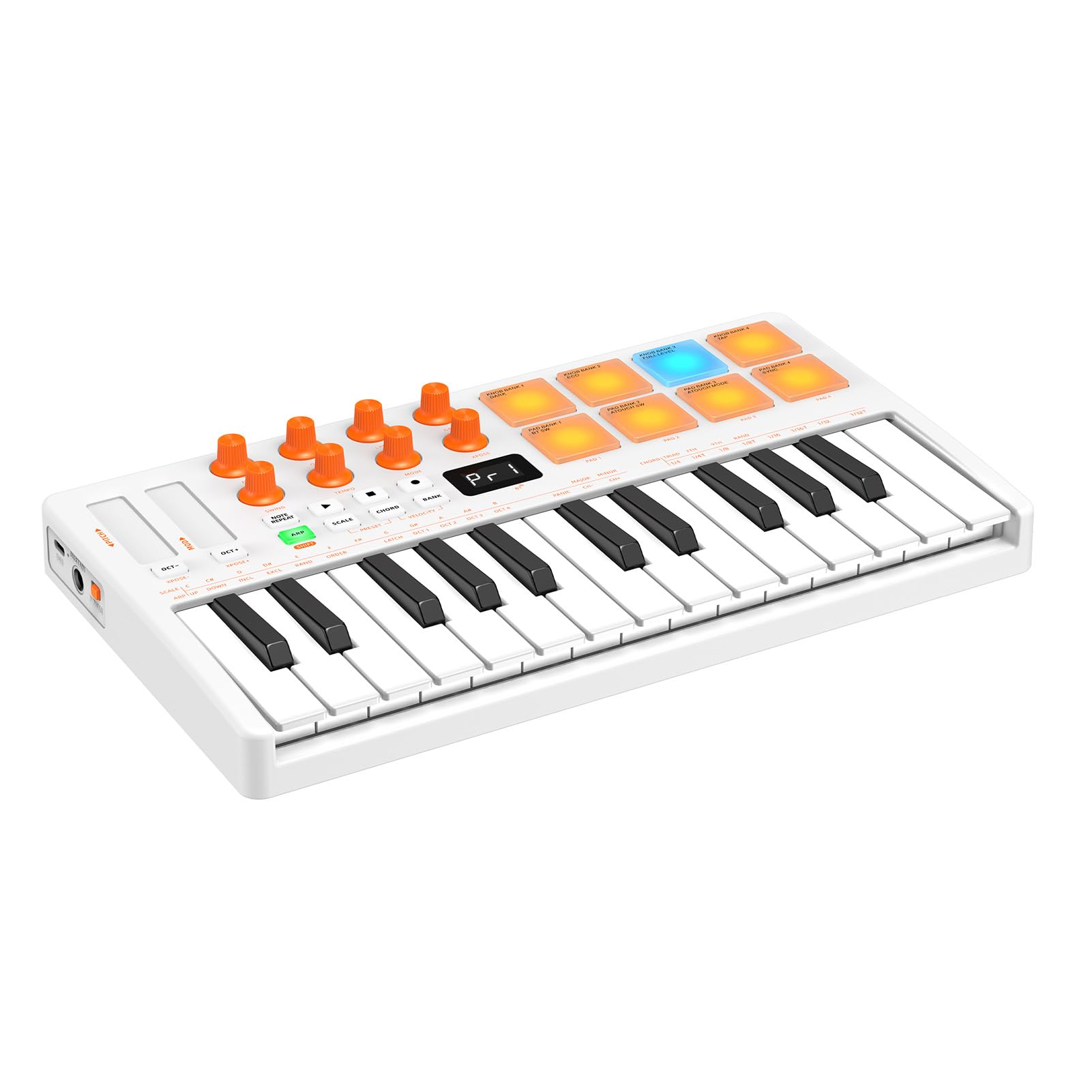 VGEBY Controller Tastiera MIDI, Pad di Produzione Musicale Portatile a 25 Tasti con Corpo in ABS, Tasti Sensibili Alla velocità, Arpeggiatore e Funzione Accordo per Principianti di Home Studio (WHITE)