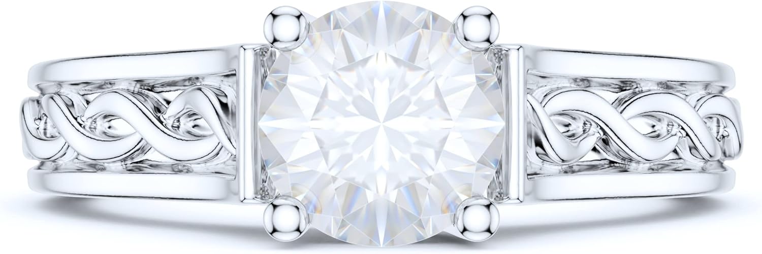 Sterling Silver Twisted Infinity Patterned 1CT Simulated Round Brilliant Cut Diamond or Genuine Moissanite Solitaire Promise Engagement Ring