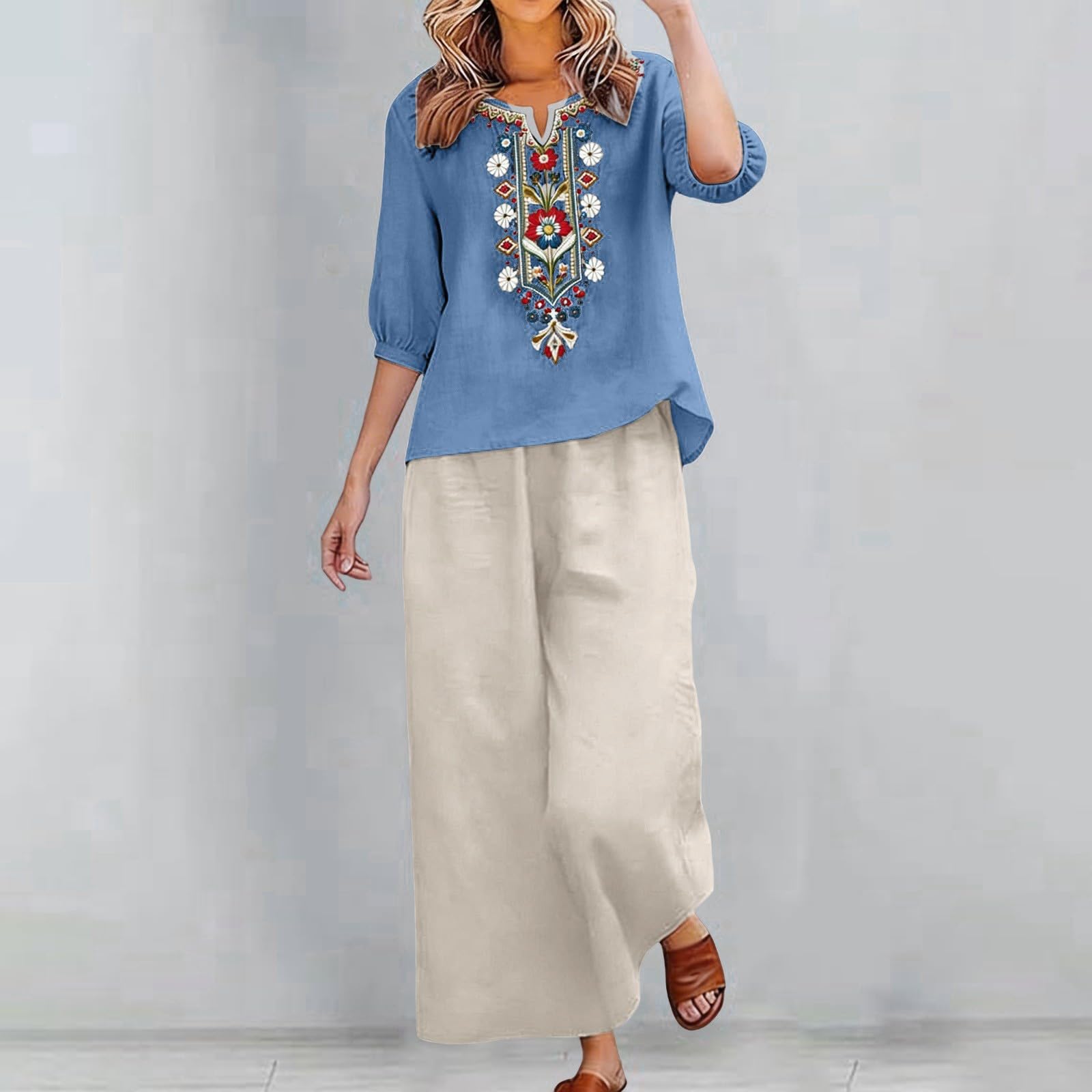 Zweiteiler Damen Elegant Baumwoll Leinen Freizeitanzug Musselin Hemd Weite Leinenhose Sommer Leinenanzug Hausanzug Freizeit Schlafanzug Hosenanzug,Summer Outfits For Women,Urlaub Leicht Loungewear