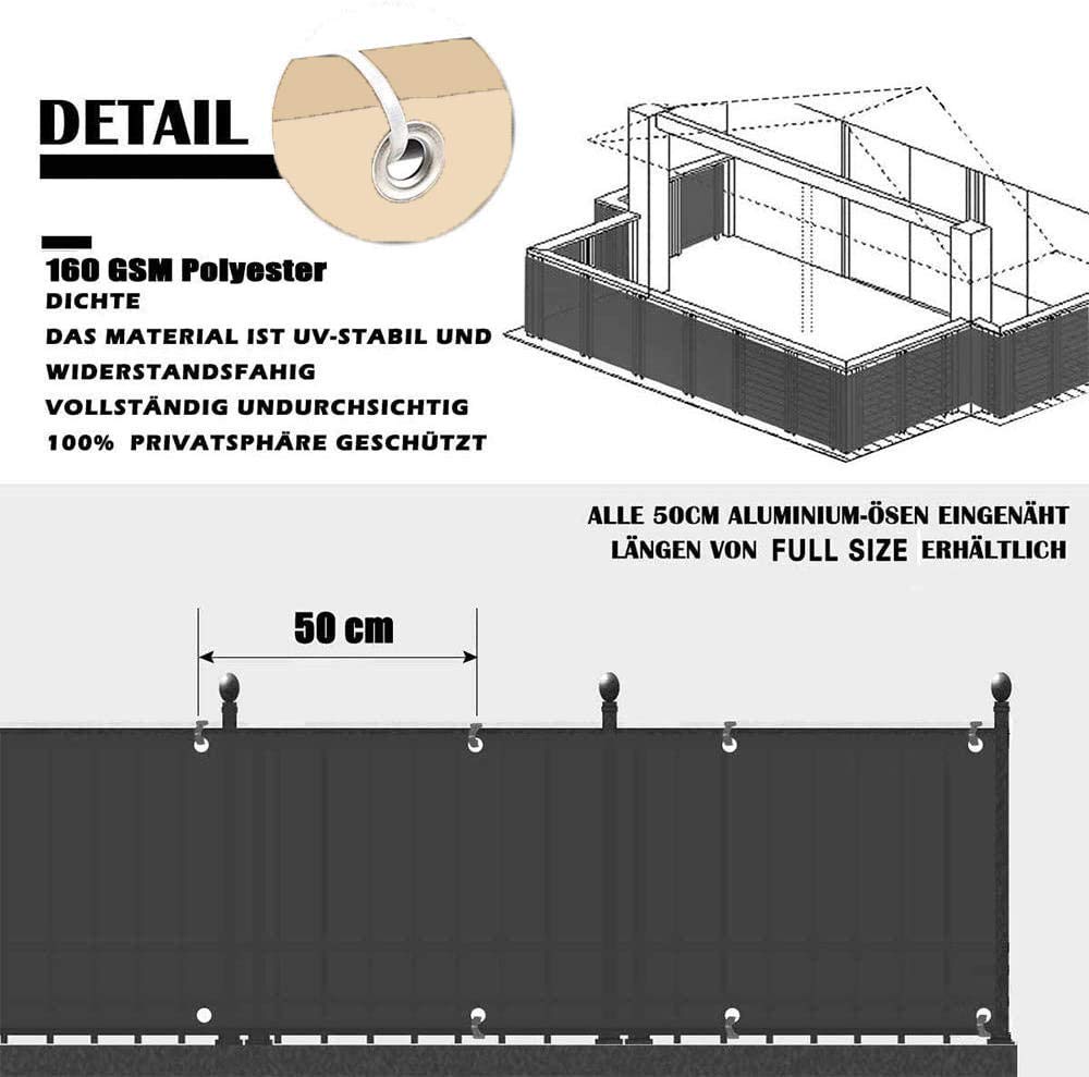 Balkonabdeckung 150x700cm Wetterbeständig Windschutz mit Kabelbinder und Kordel Ideal für Balkon Terrasse und Garten, Messme/Weiß Beige
