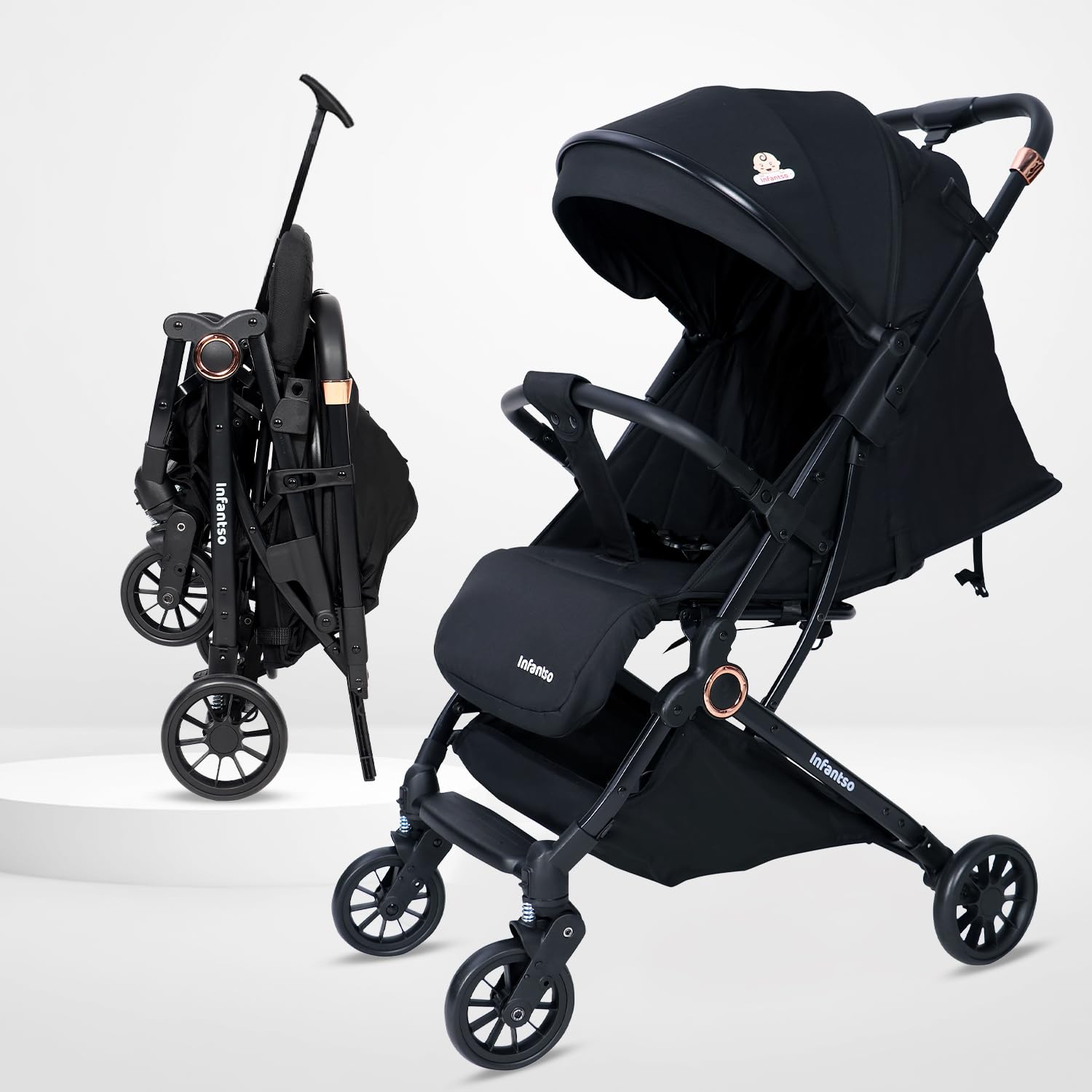 Infantso RIDE-X Baby Stroller / Pram for Baby with 5 Point Safety Harness, Multi Level seat Recline & Spacious Cushioned seat, One-Hand Fold and 360° Rotating Wheels, Travel Friendly, Extendable Canopy, Adjustable Footrest, Shock Absorption Wheels, Lightweight Stroller for 0 to 3 Years (Black)-image-47