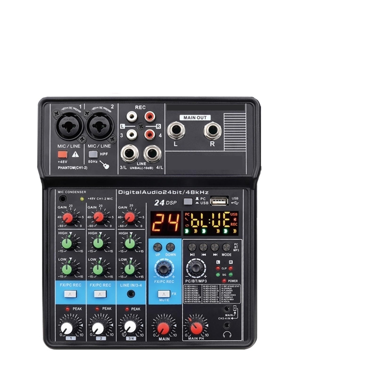 DJ-Audiomixer Professioneller tragbarer 4-Kanal-Tonmischer Konsole Computereingang 48 V Leistung Modellnummer-Zertifizierungsschnittstelle