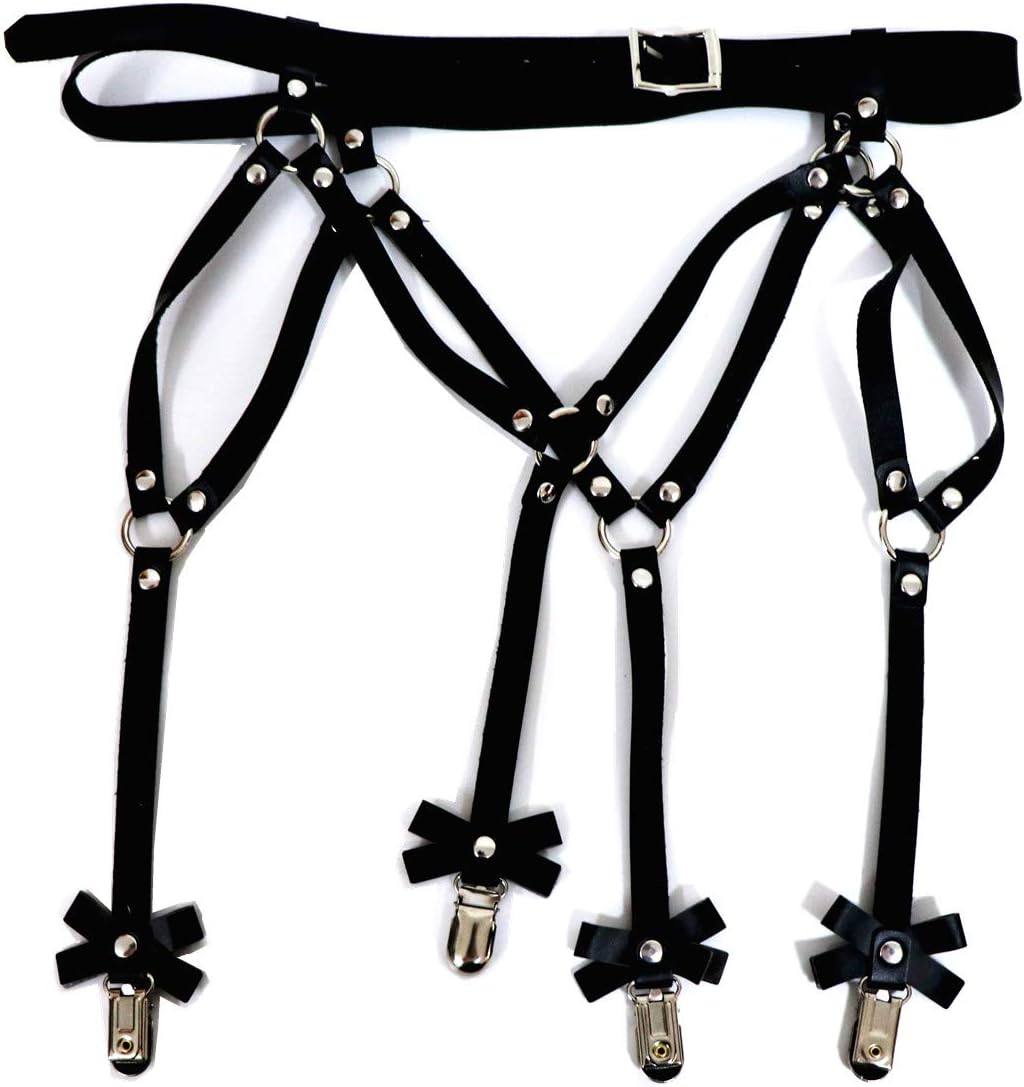 Outman Adjustable PU Leather Elasticity Thigh Garter Belts Stockings Suspender with Metal Clip (Black with 4 clips)