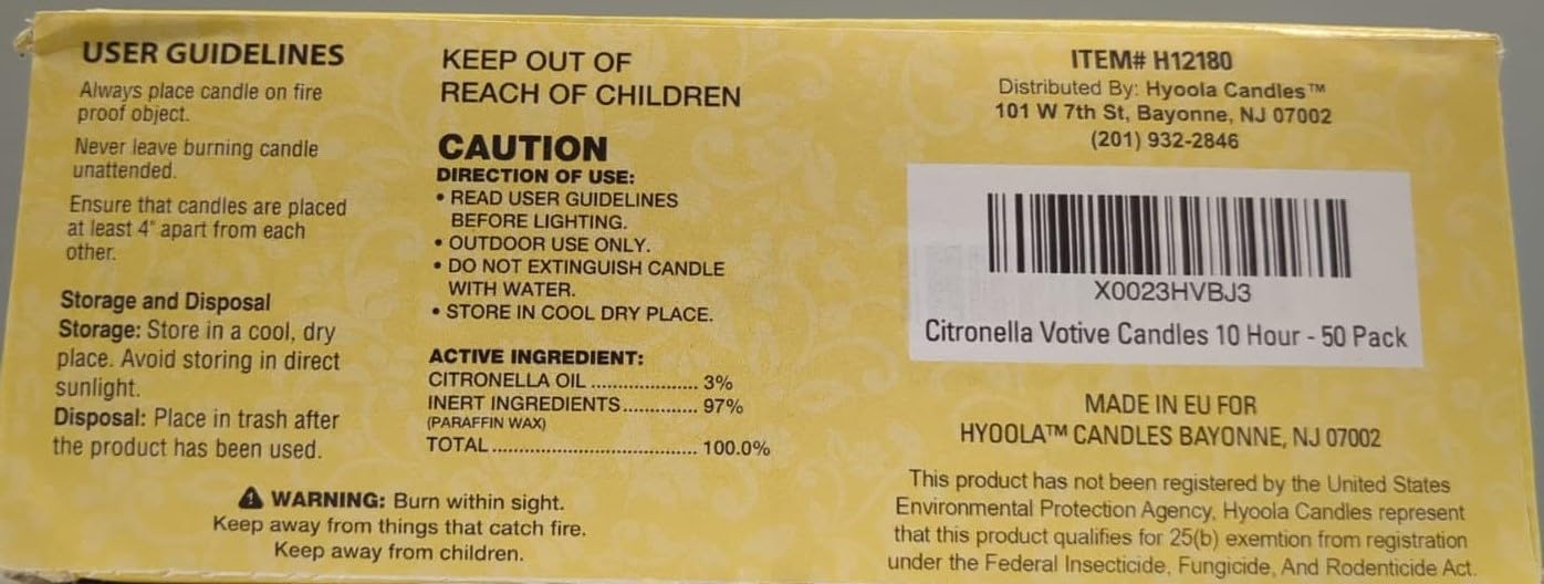 HYOOLA Lot de 50 bougies votives à la citronnelle – Durée de combustion de 10 heures – Idéal pour les insectes, fabriquées en Europe