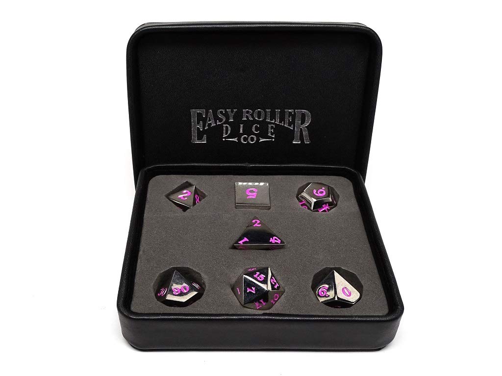 Easy Roller Dice Co. Poliertes Silberfarbenes 7-teiliges Set – Pink Signature Schriftart – Professionelle Ausgabe – inklusive Etui – Handkarierte Qualitätskontrolle