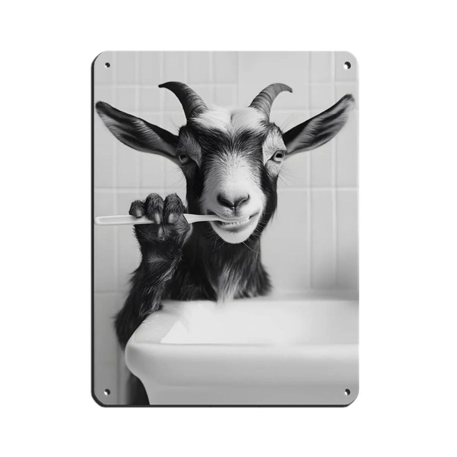Goat Brushing Teeth, Funny Bathroom Art Retro Poster Metal Tin Sign Chic Art Retro Iron Painting Bar People Cave Cafe Family Garage Poster Wall Decoration 12x16inch(30x40cm)