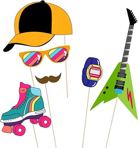 Miniatura 4 de LUOEM 21 piezas de accesorios para cabina de fotos de los años 80, divertidos accesorios de fotos para fiesta de cumpleaños con palos de madera,