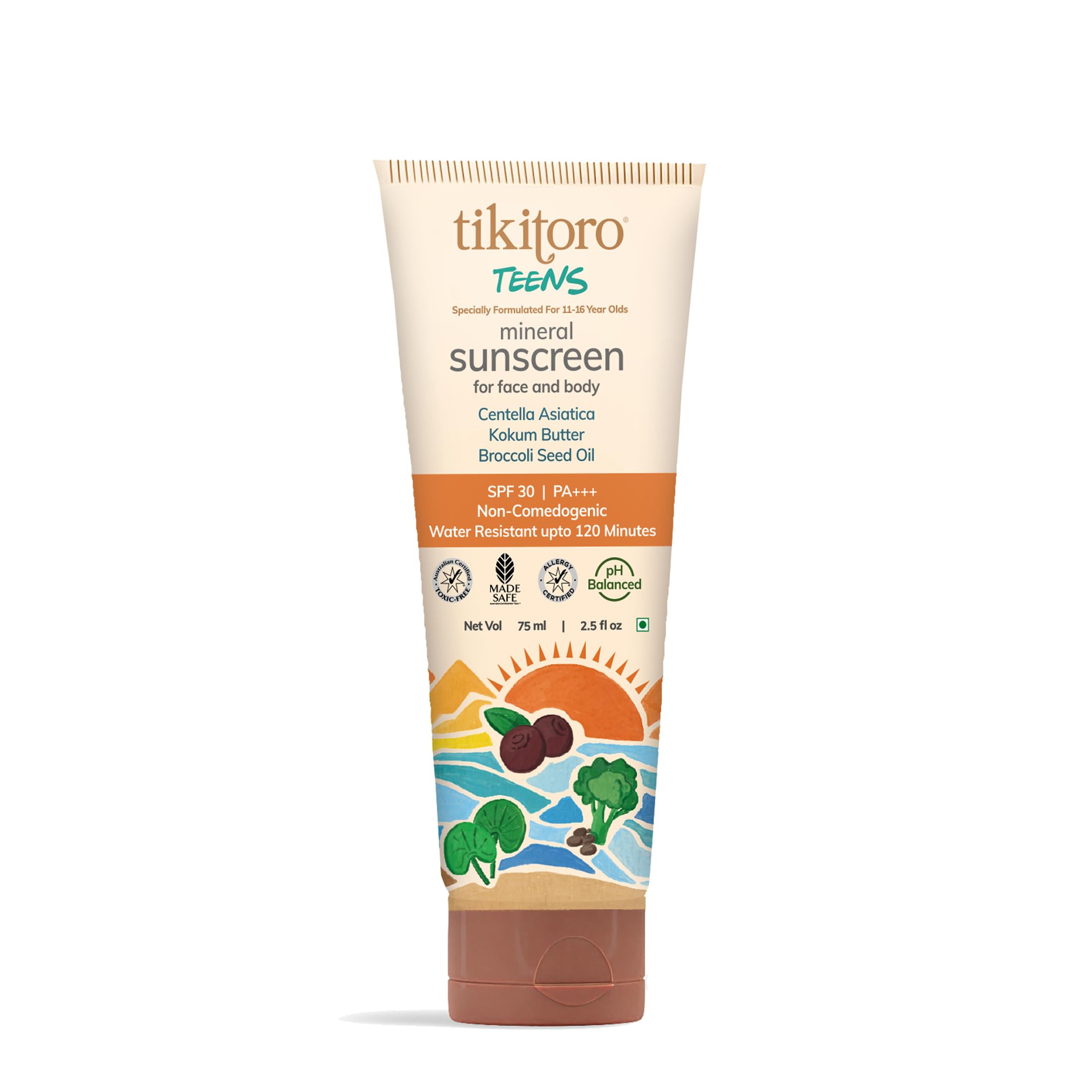 Tikitoro Teens Mineral Sunscreen with SPF 30, PA+++. Contains Kokum butter, Broccoli seed oil, Niacinamide & Zinc Oxide. Prevents Tanning & Hydrates Skin,100% Vegan, No Parabens & Sulphates (75 ml)