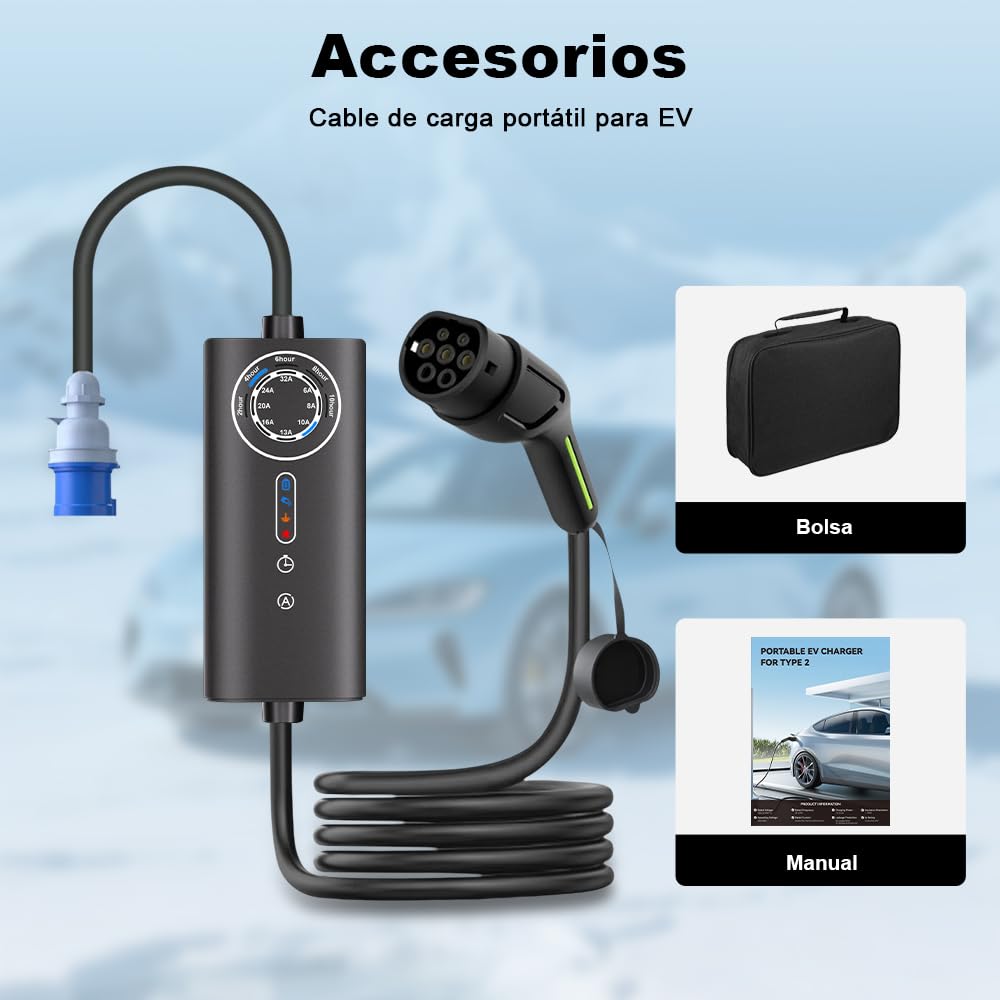 Junsun Cargador EV Portátil 7.2KW Monofásico, Corriente Ajustable 6A-32A, Cable 5m con Enchufe CEE Industrial Azul, Maletín de Transporte Incluido – Ideal para Coche Eléctrico e Híbrido