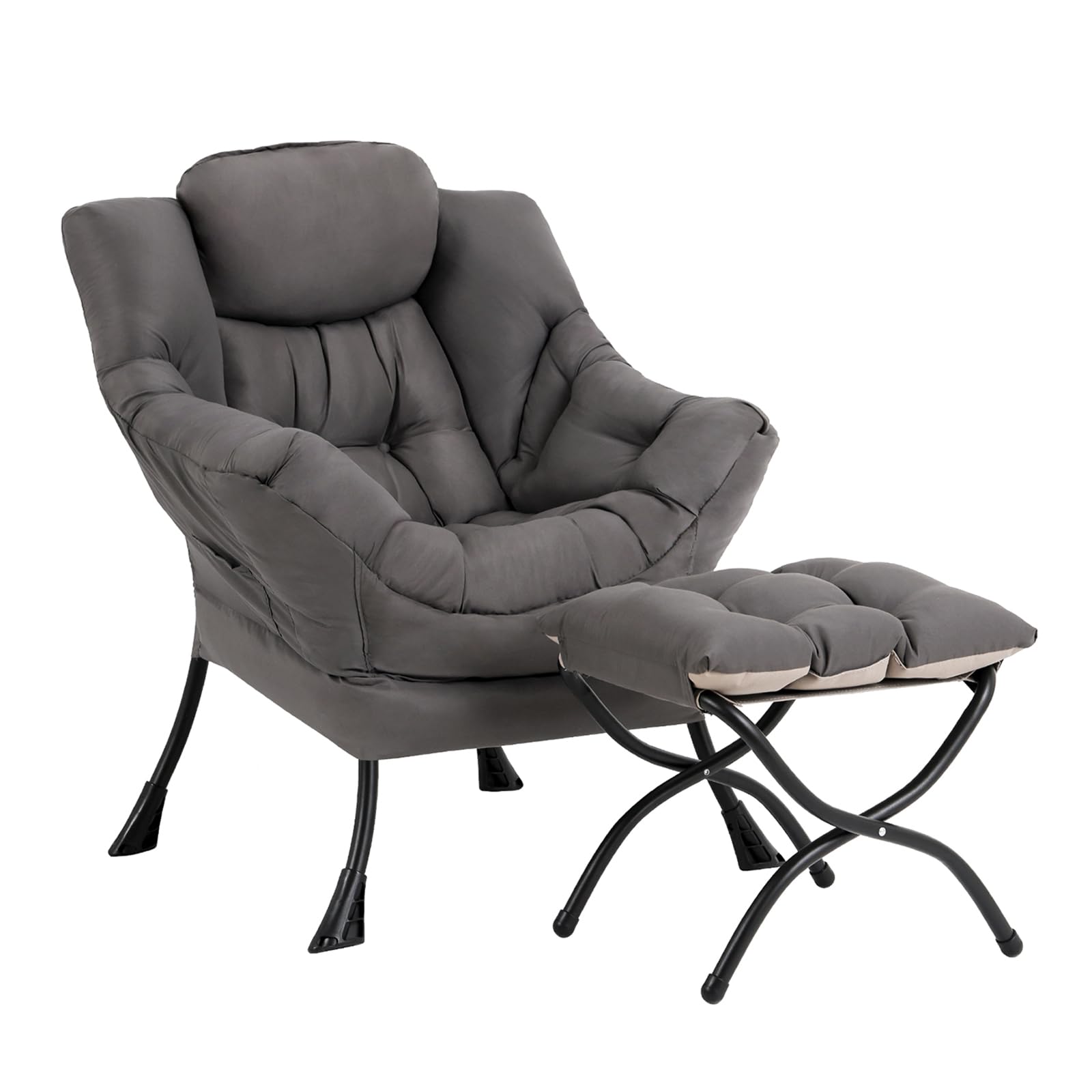 MBOOYOME Lazy Chair with Folding Ottoman, Modern Accent Lounge Armchair with Armrests and a Side Pocket & Foldable Footstool, Leisure Reading Chair for Living Room, Bedroom, Dorm & Office, Dark Grey