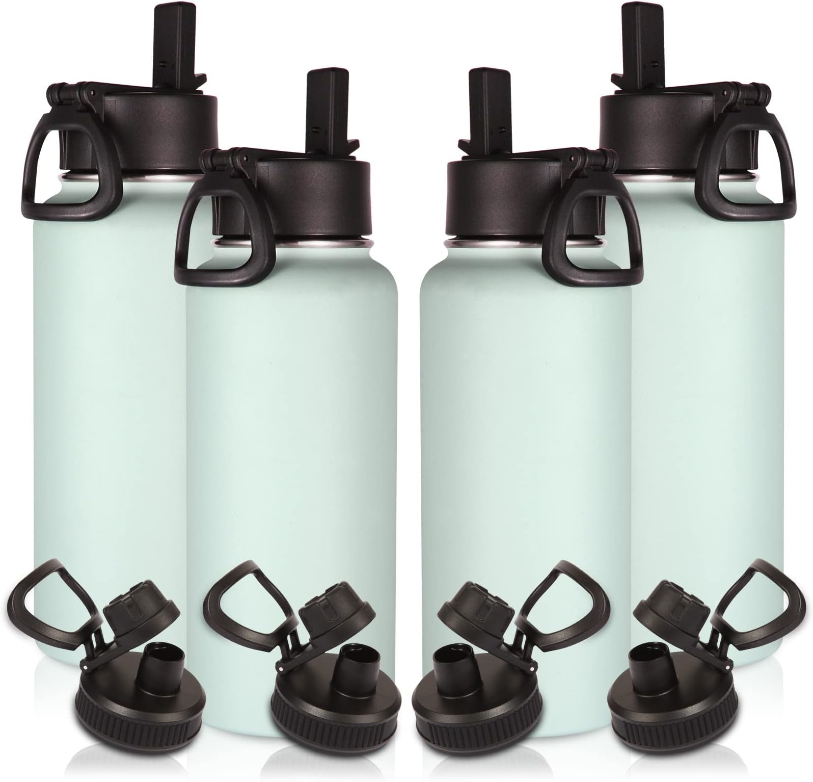 1 Litre Insulated Water Bottles Bulk 4 Pack with Straw & Spout Lid,Stainless Steel Sports Water Bottle,Double Wall Vacuum Tumbler,Leakproof Wide Mouth Metal Flask for Hiking,Camping(Fog,4)