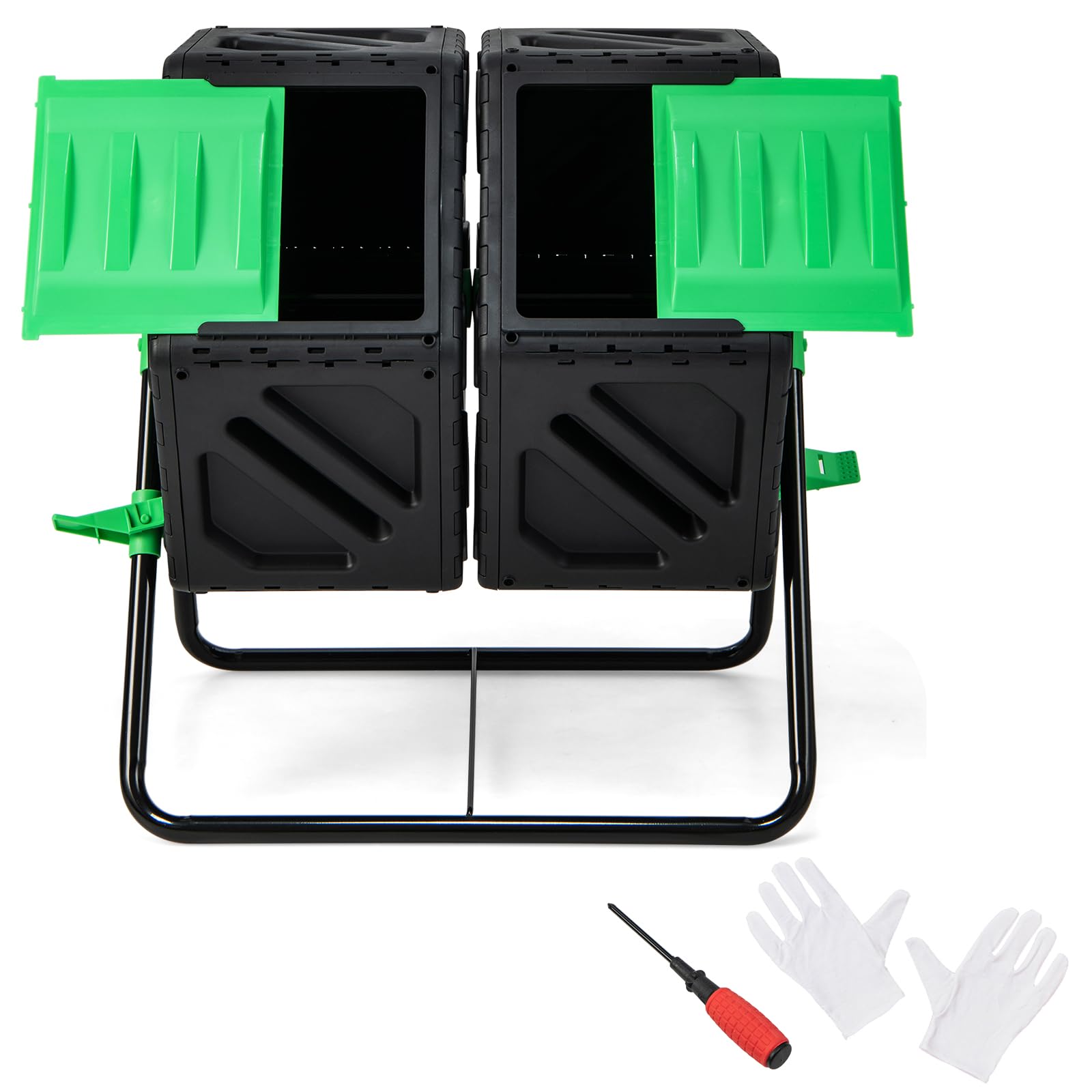TANGZON Single/Dual Chamber Garden Tumbling Composter, 65L/130L 360° Rotating Compost Bin with Sliding Doors, Stopper & Gloves, BPA Free Outdoor Aerating Waste Bin Composting Tumbler (Dual, 130L)