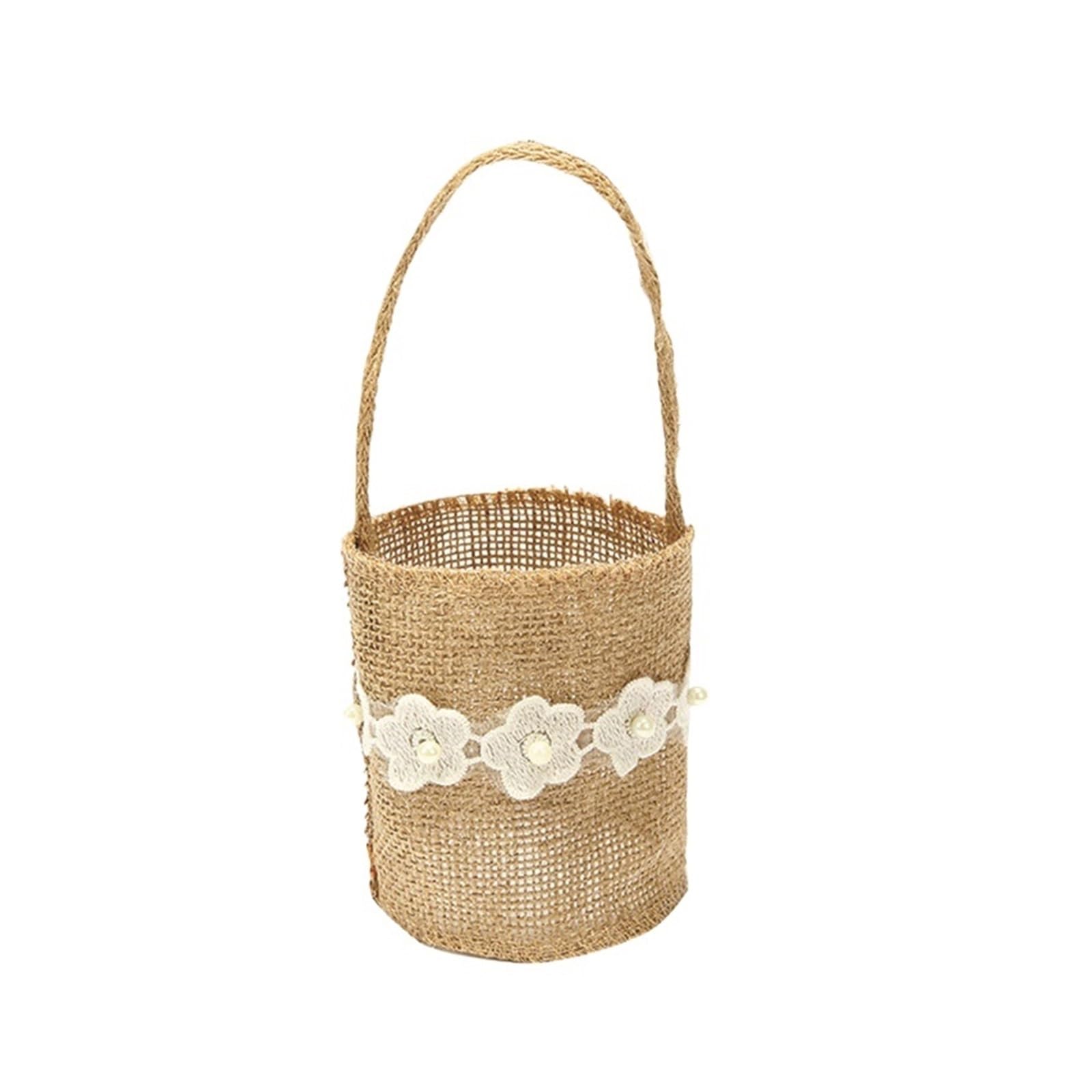 Hamper Basket 3pcs Romantic Burlap Jute Flower Basket Ring Box Rustic Wedding Flower Girl Basket(Brown1)