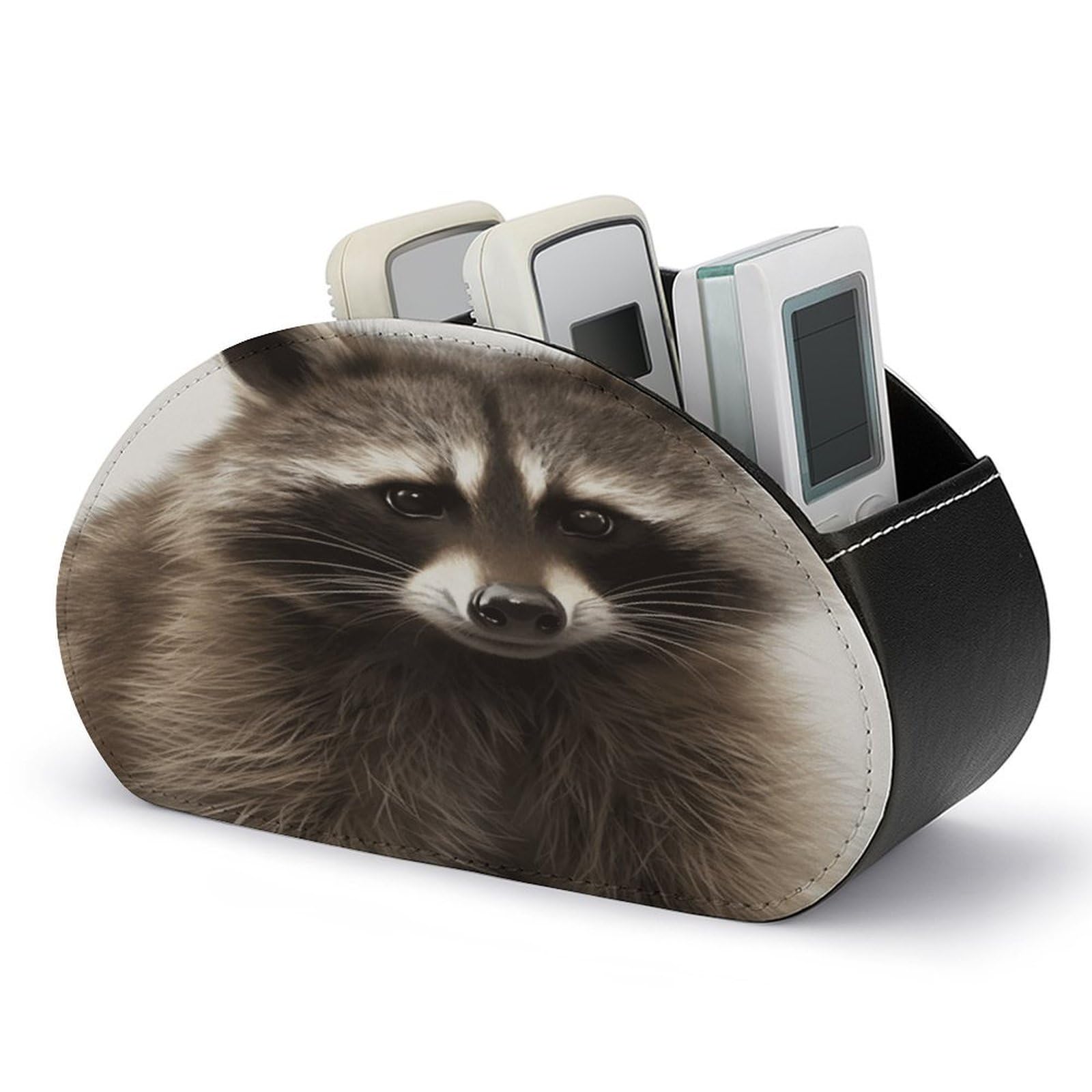 VstaDank Hairy Raccoon Remote Control Holder with 5 Compartments Pu Leather TV Remote Caddy Storage Box Desktop Organizer Store Controller DVD Brush Pens Glasses&Office Supplies