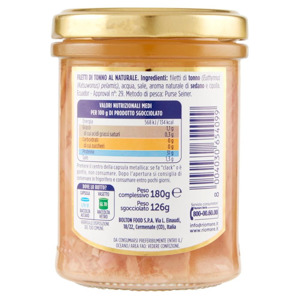 Rio Mare Filetti di Tonno al Naturale Lot de 3 filets de thon naturels faits à la main 180 g + Italian Gourmet poolpa 400 g
