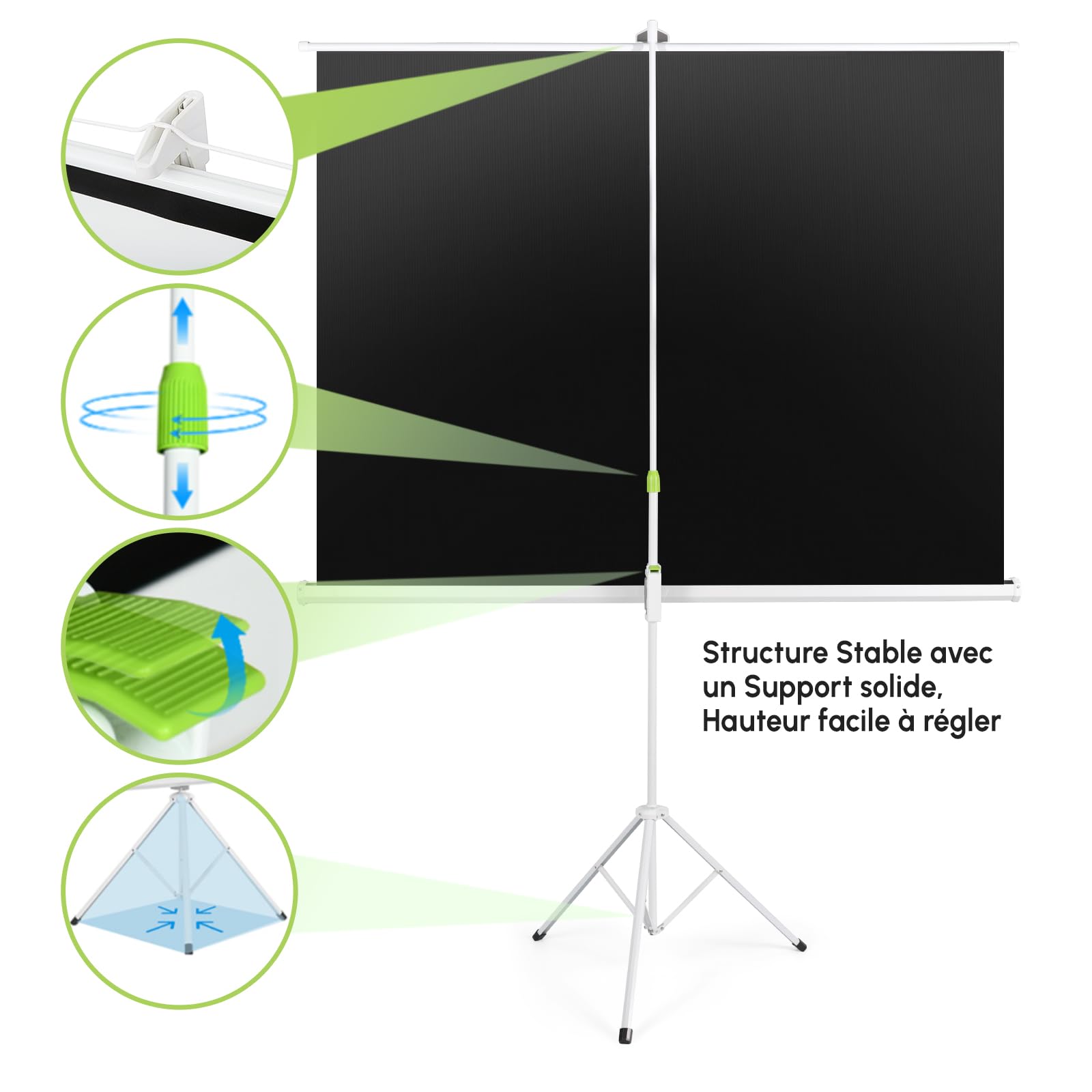 Fabulcozy Écran de Projection avec Support trépied réglable en Hauteur écran vidéo projecteur 84 Pouces Format 4:3 171L x 131H cm pour Home Cinéma et Entreprise,Blanc