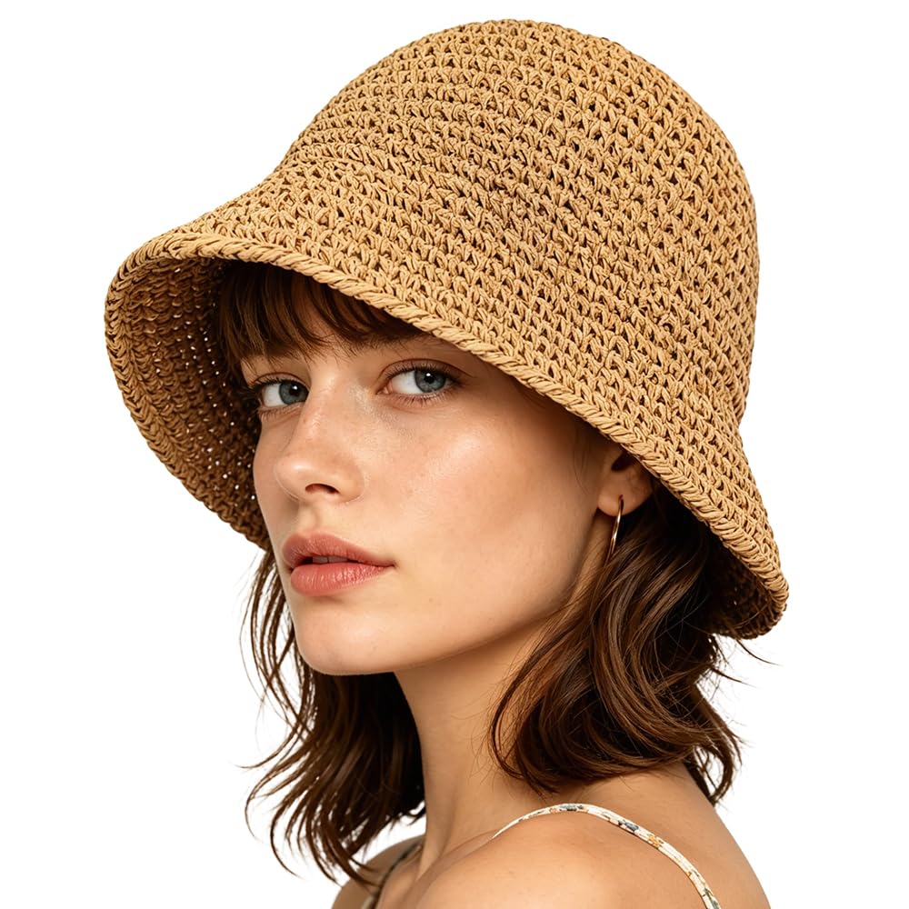 Lifenanny Women's Straw Sun Hat Hand-Woven Packable Beach Bucket Hat Summer Floppy UV Protection Hat, Khaki, M