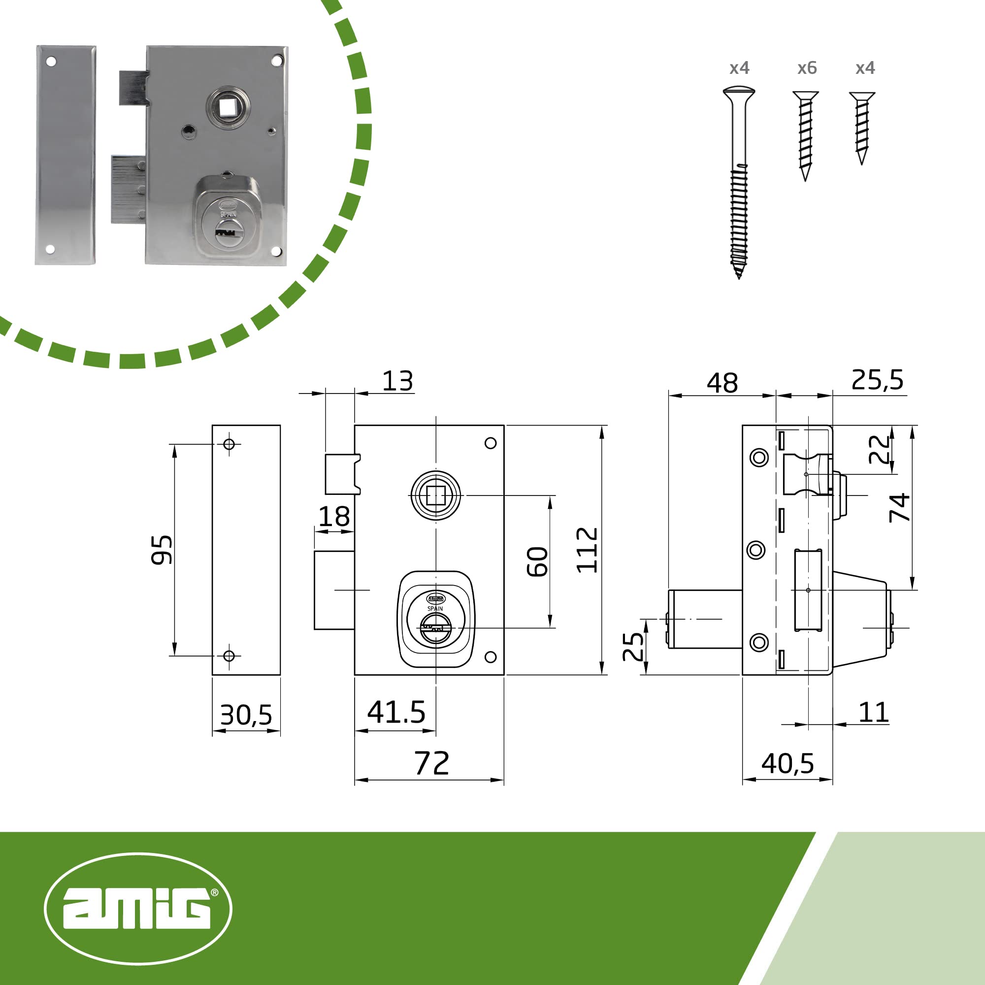 Amig - Serratura a Sovrapposizione Sinistra con Leva di Chiusura, Linguetta e Quadretto per Porte in Legno Mod. 75N - 72 x 112 mm - Cilindro rotondo di sicurezza - Acciaio argentato