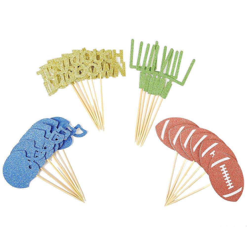 BCHOCKS24 Pieces football Theme Glitter Cupcake Topper Cake Picks Decoration for Baby Shower Birthday Party Favors,Super Bowl Sunday or NFL Party Supplies with Touchdown, Football and Field Goal