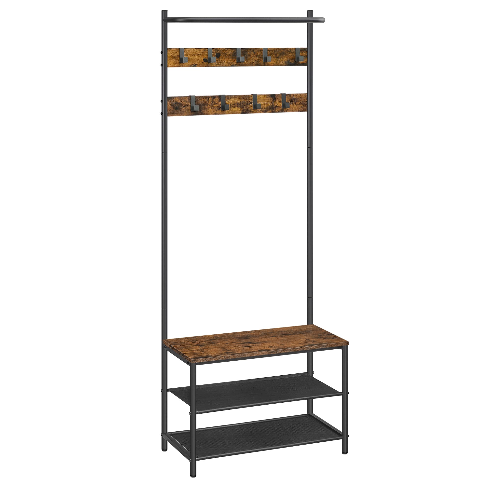 VASAGLE Perchero Zapatero, Perchero Recibidor, con Banco Zapatero, 9 Ganchos ExtraÍbles, Barra Superior, 32,2 x 64 x 180 cm, Entrada Dormitorio, Industrial, MarrÓn RÚstico y Negro HSR411B01