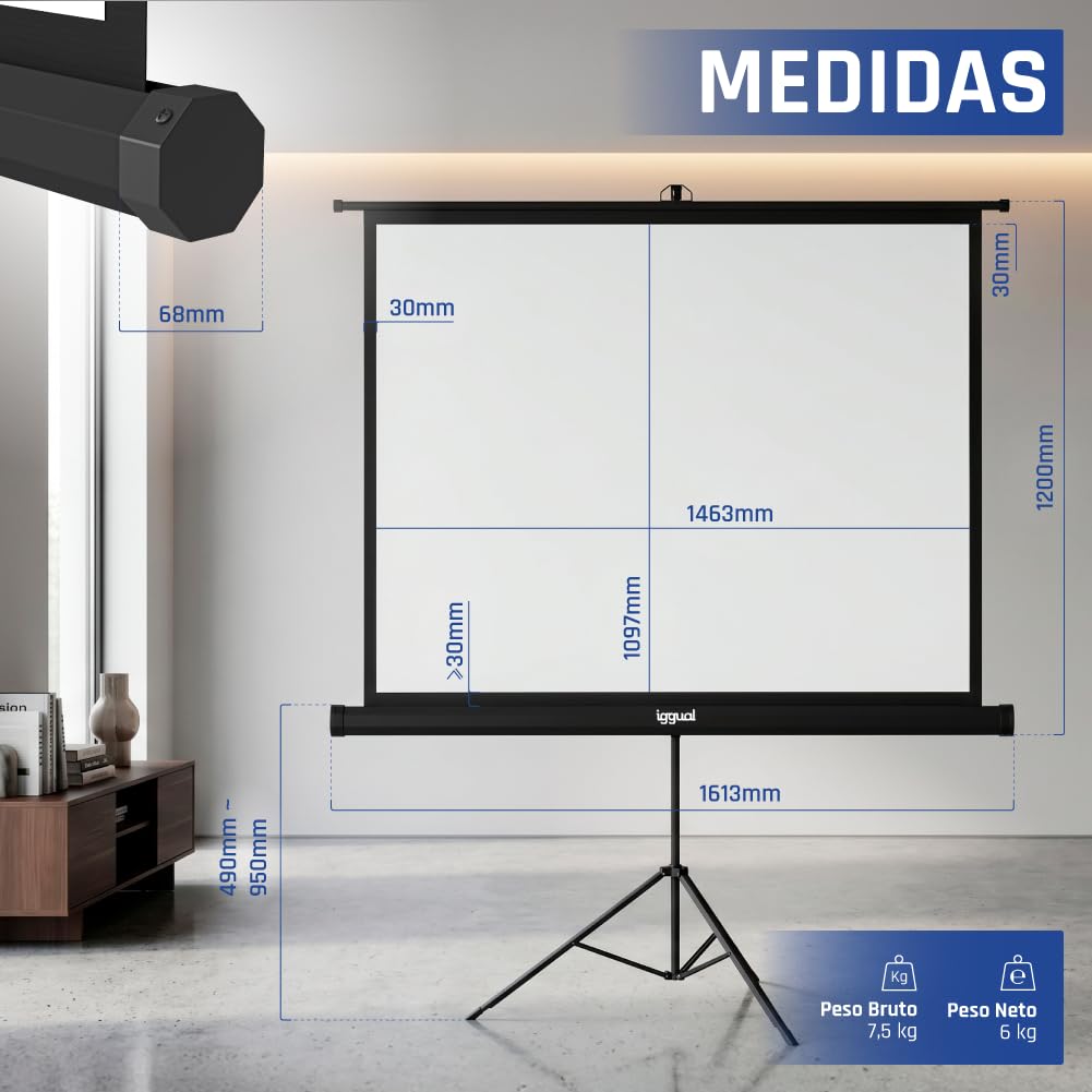iggual Pantalla de Proyección 72” con Trípode de Acero - Enrollable Manual- Portátil con Bolsa- 4:3- Tela Blanca Mate de 4 Capas y Trasera Negra- Auto-Stop Ajustable- Compatible 4K Full HD (152x115cm)