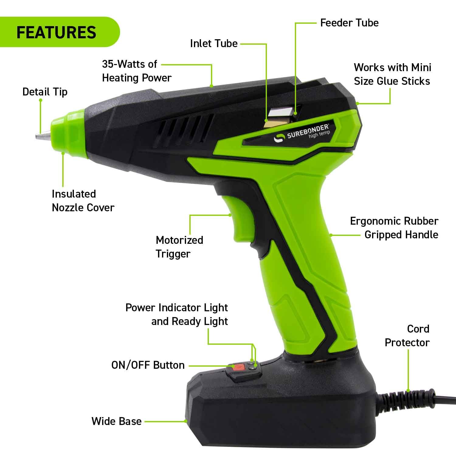 Surebonder MGG-35F - Mini pistola motorizzata per colla a caldo, 35 W, ad alta temperatura, nessun pompaggio richiesto, tenere il grilletto per flusso continuo