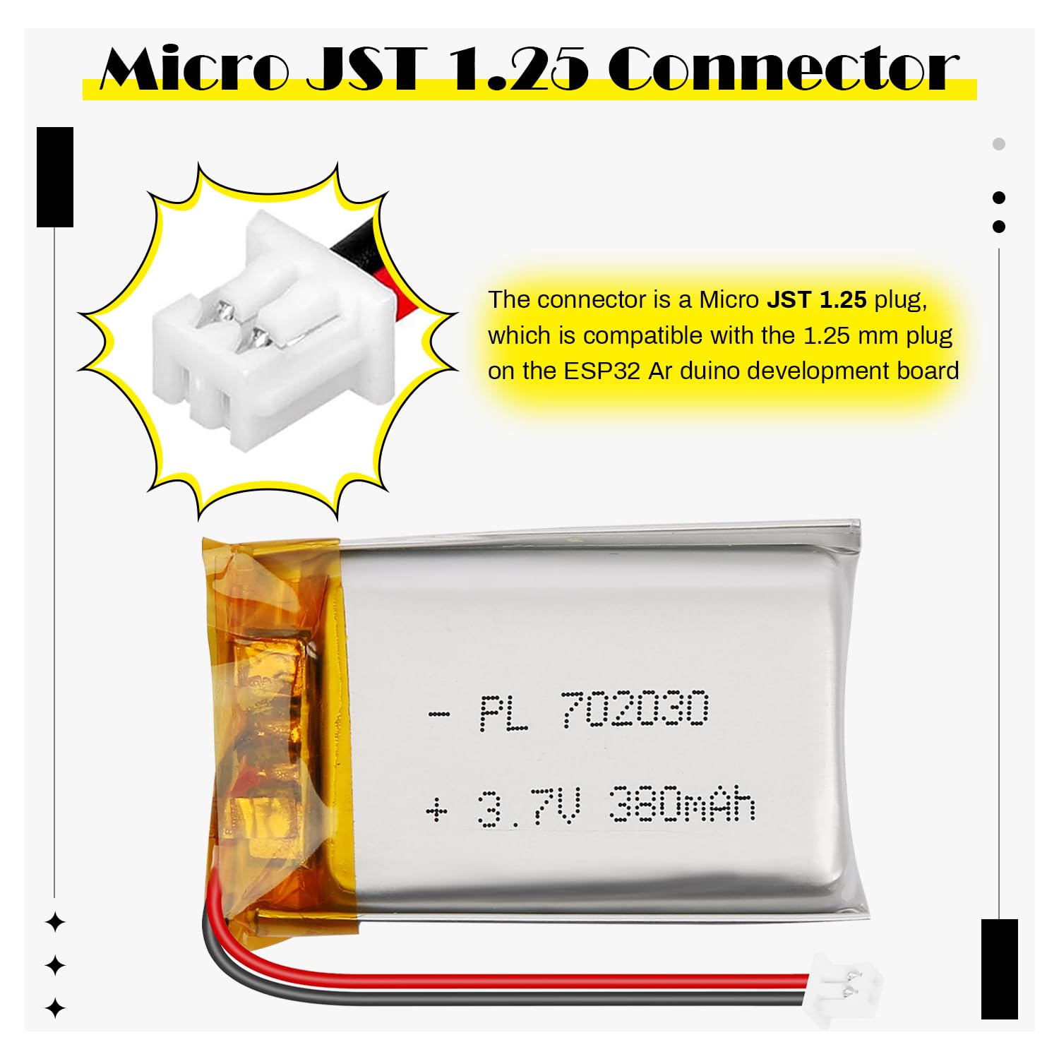 Batería LiPo 3.7V 380mAh 702030 - Batería de polímero de Litio Recargable con Placa de protección y Conector Micro JST 1.25 para Dispositivos electrónicos - 5