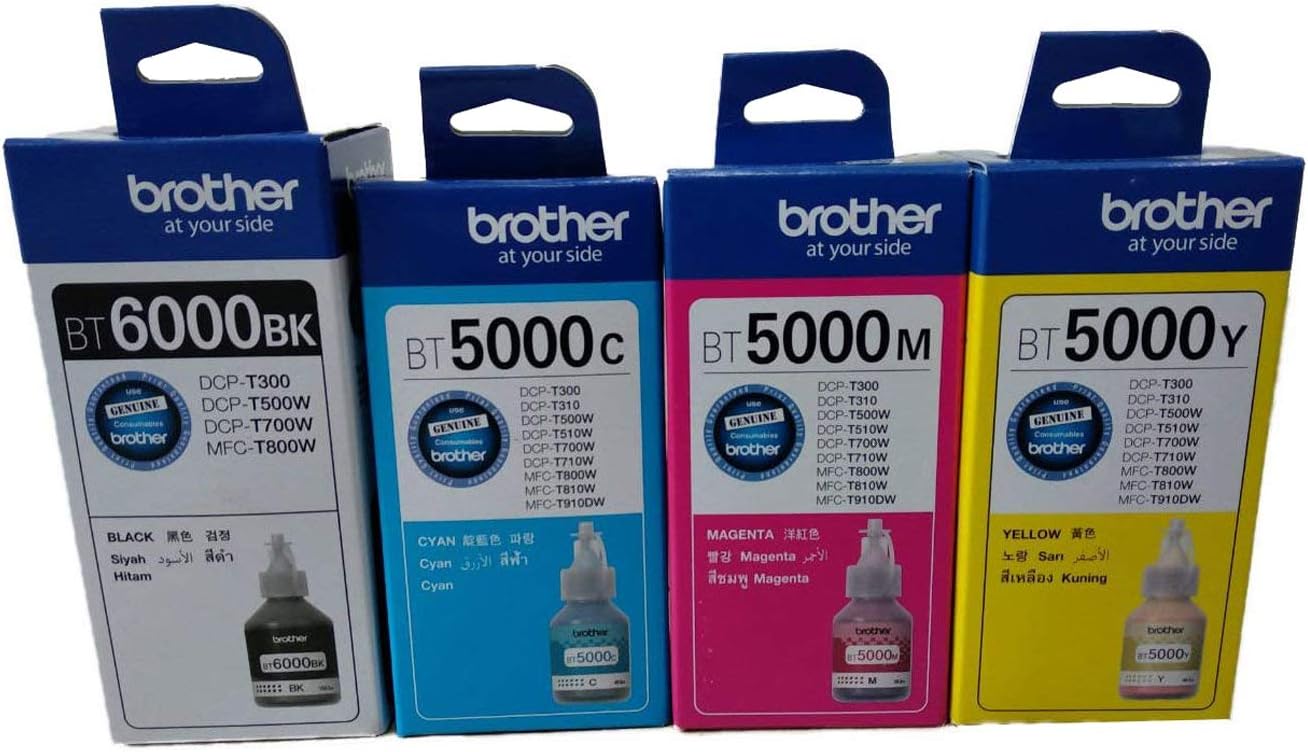 BT6000/BT5000 Printers Ink Bottles for DCPT300/T500/T700W/T800W (4 Pieces, Black/Cyan/Magenta & Yellow)
