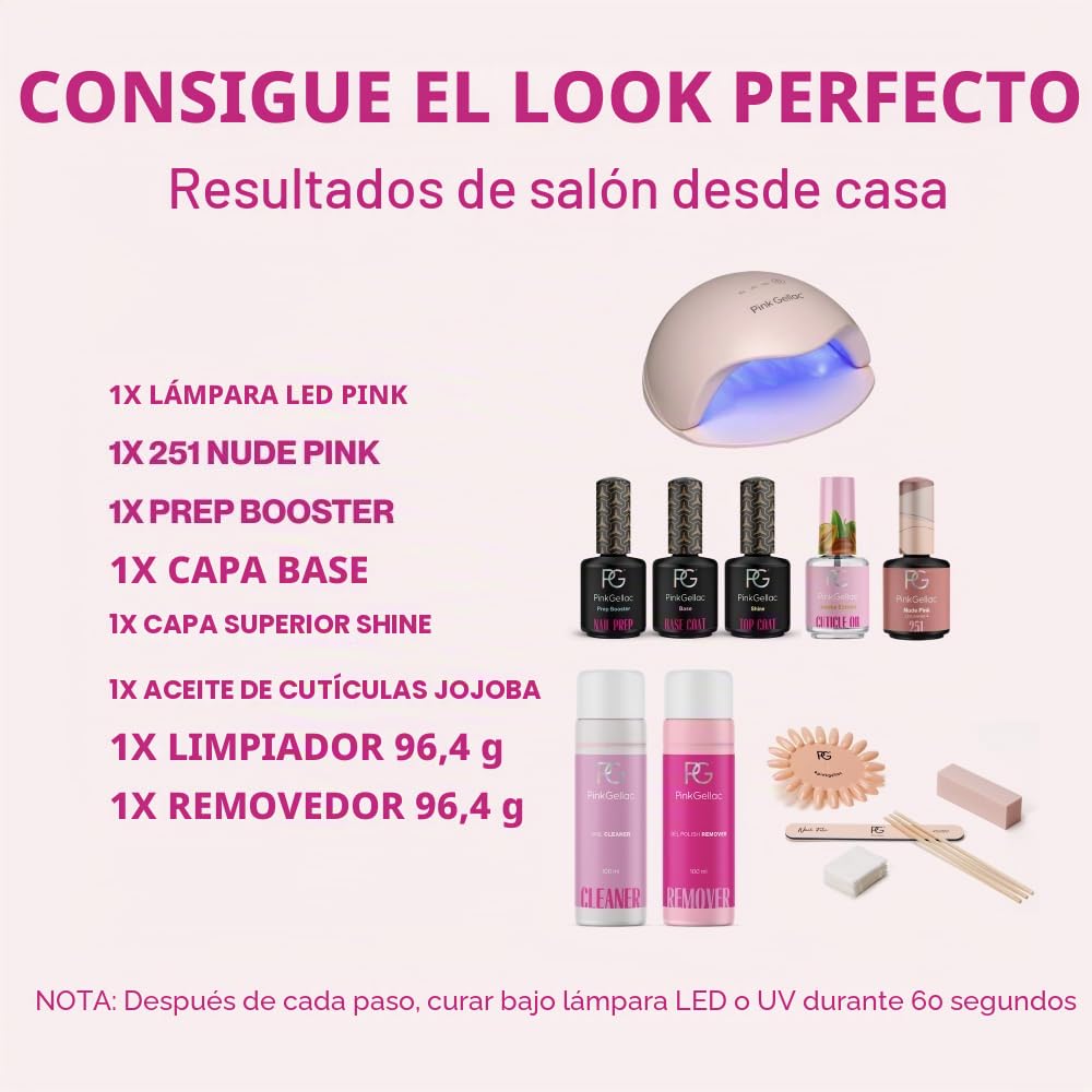 Pink Gellac Kit de Uñas Semipermanentes - Set de Manicura y Pedicura con Pro Lampara Uñas Semipermanentes Rosa, 1x Color Rosa 15 ml, Top Coat y Base Coat, Removedor y Limpiador - Calidad de Salón